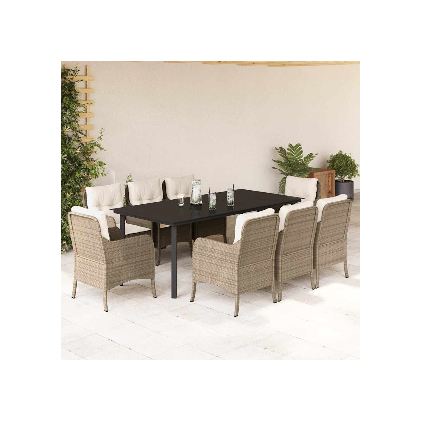 Ensemble à manger de jardin et coussins 9 pcs beige Poly rotin