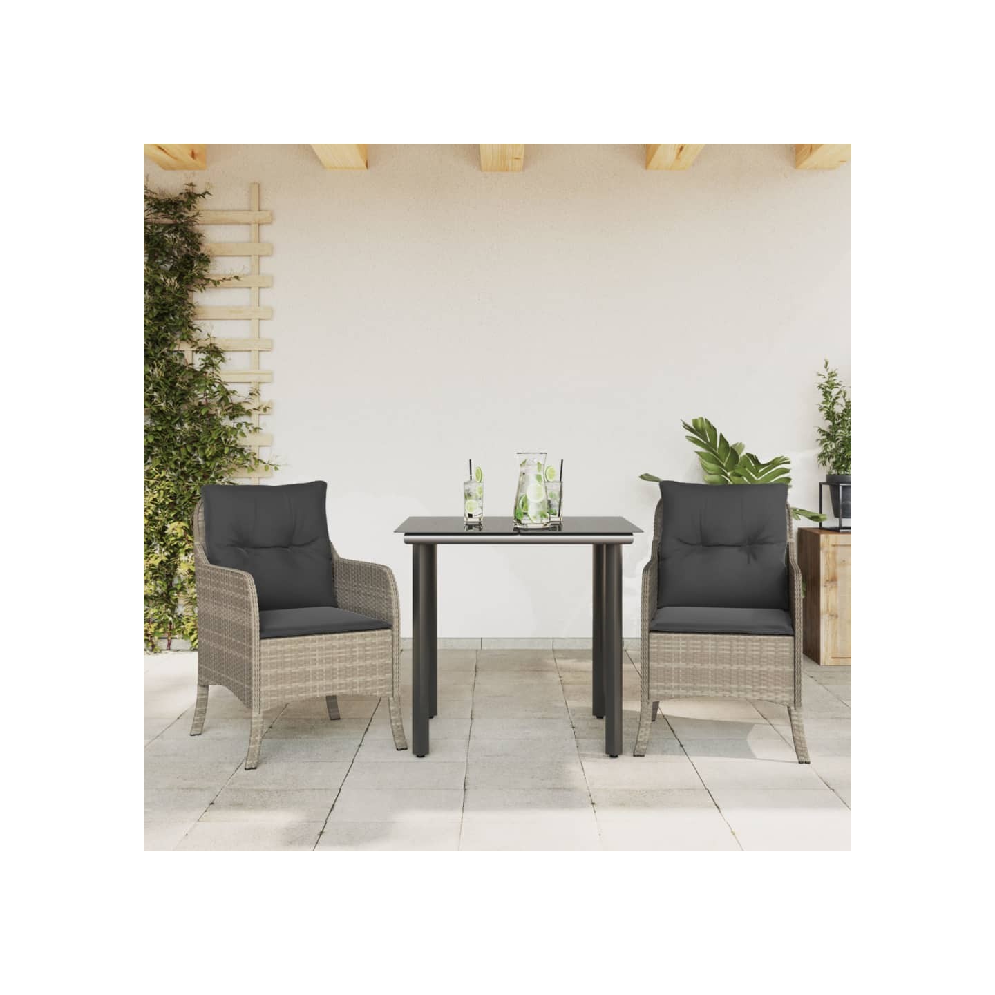 Ensemble à manger de jardin 3pcs coussins gris clair poly rotin