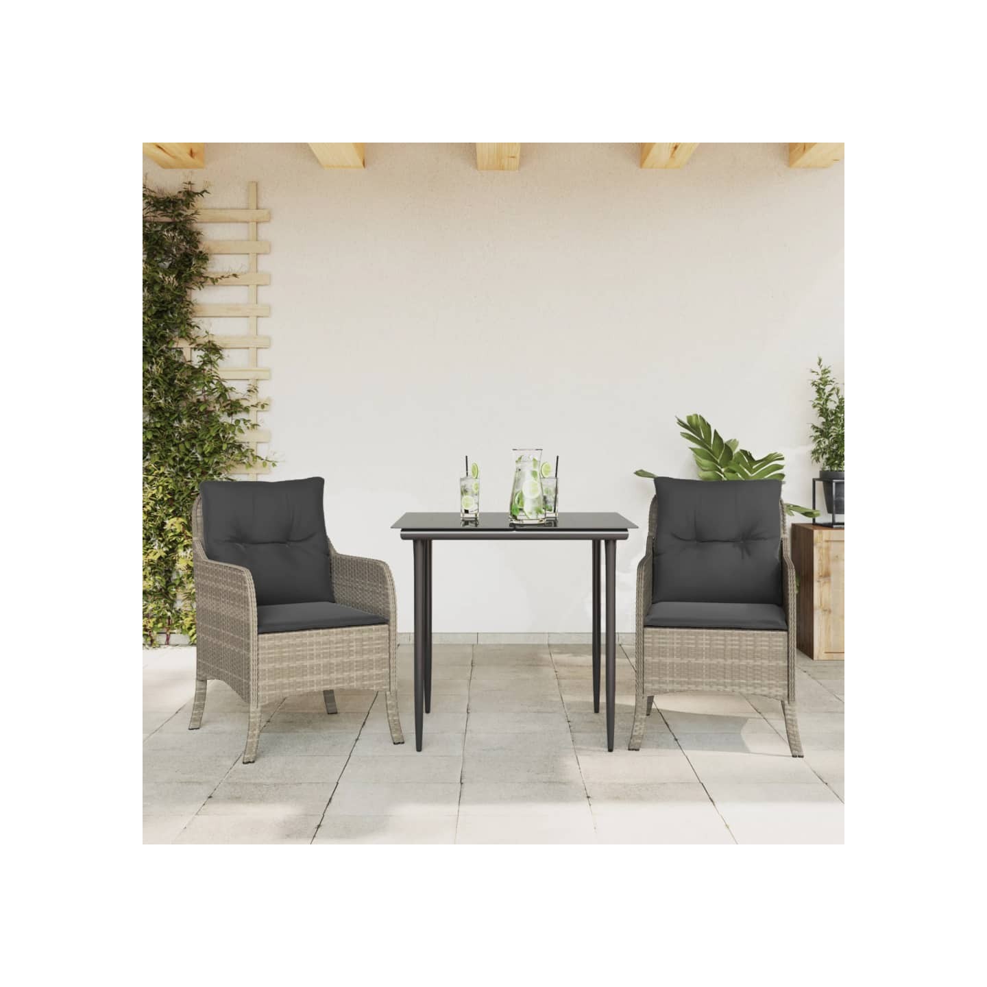 Ensemble à manger de jardin 3pcs coussins gris clair poly rotin