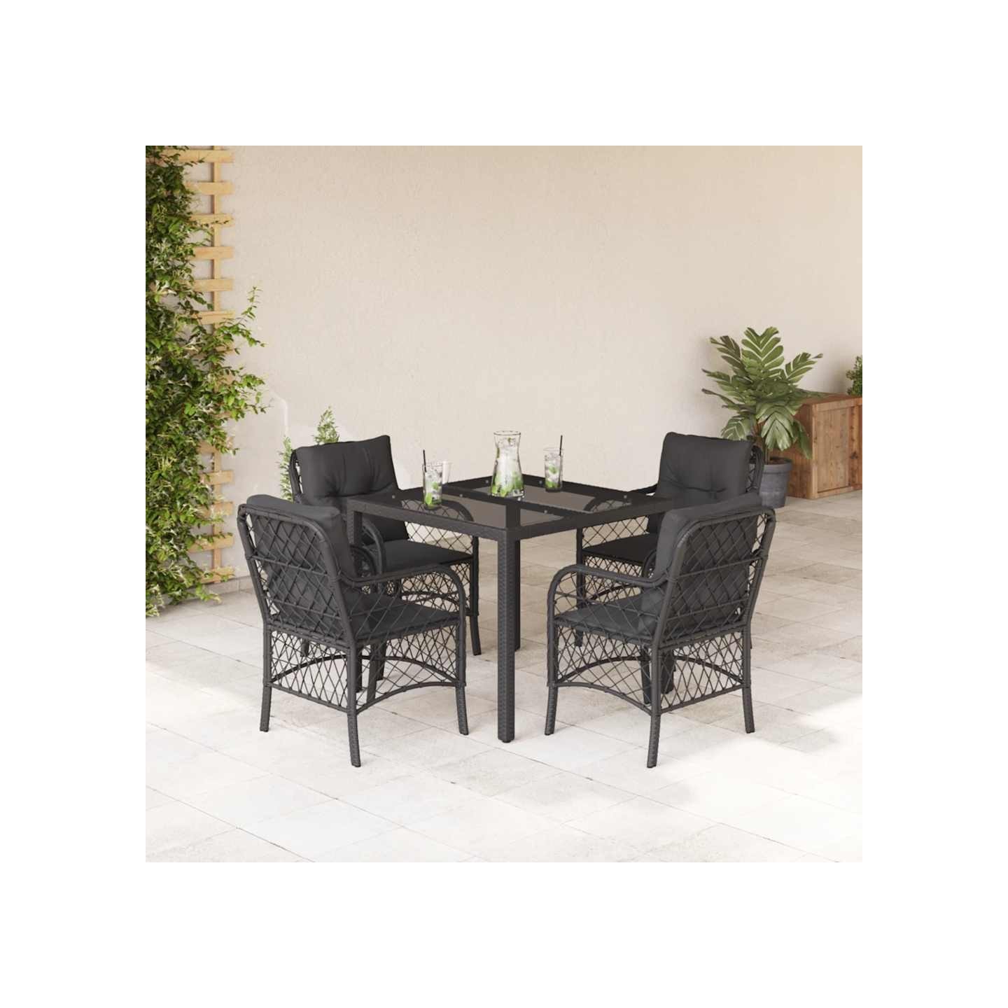 Ensemble à manger de jardin coussins 5pcs Noir Résine tressée