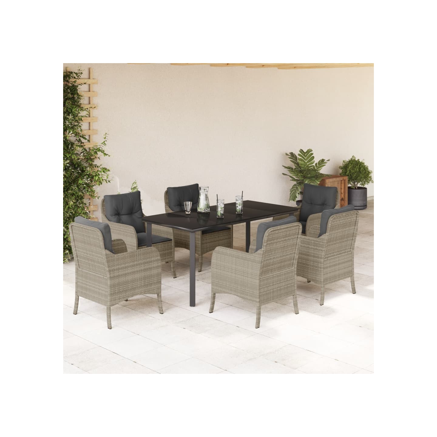 Ensemble à manger de jardin et coussins 7 pcs gris clair rotin