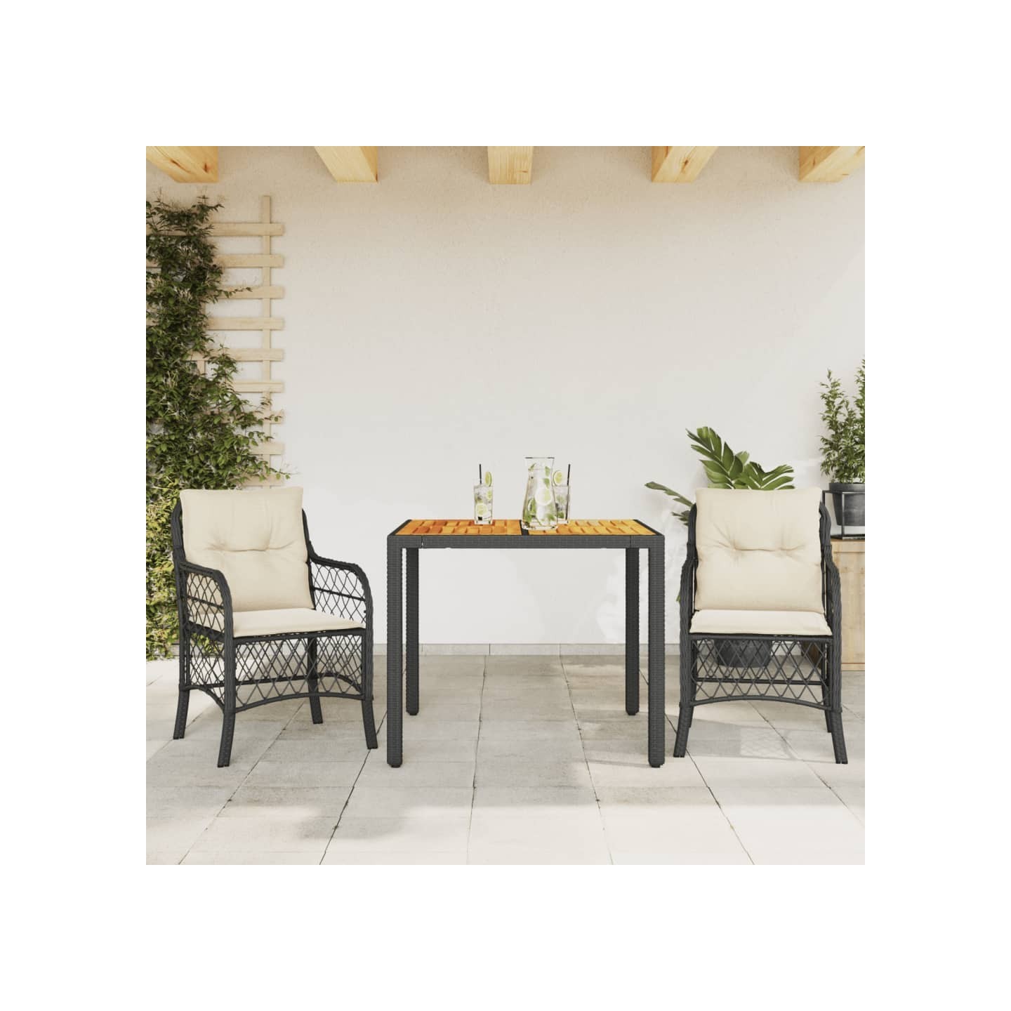 Ensemble de bistro 3 pcs avec coussins noir résine tressée