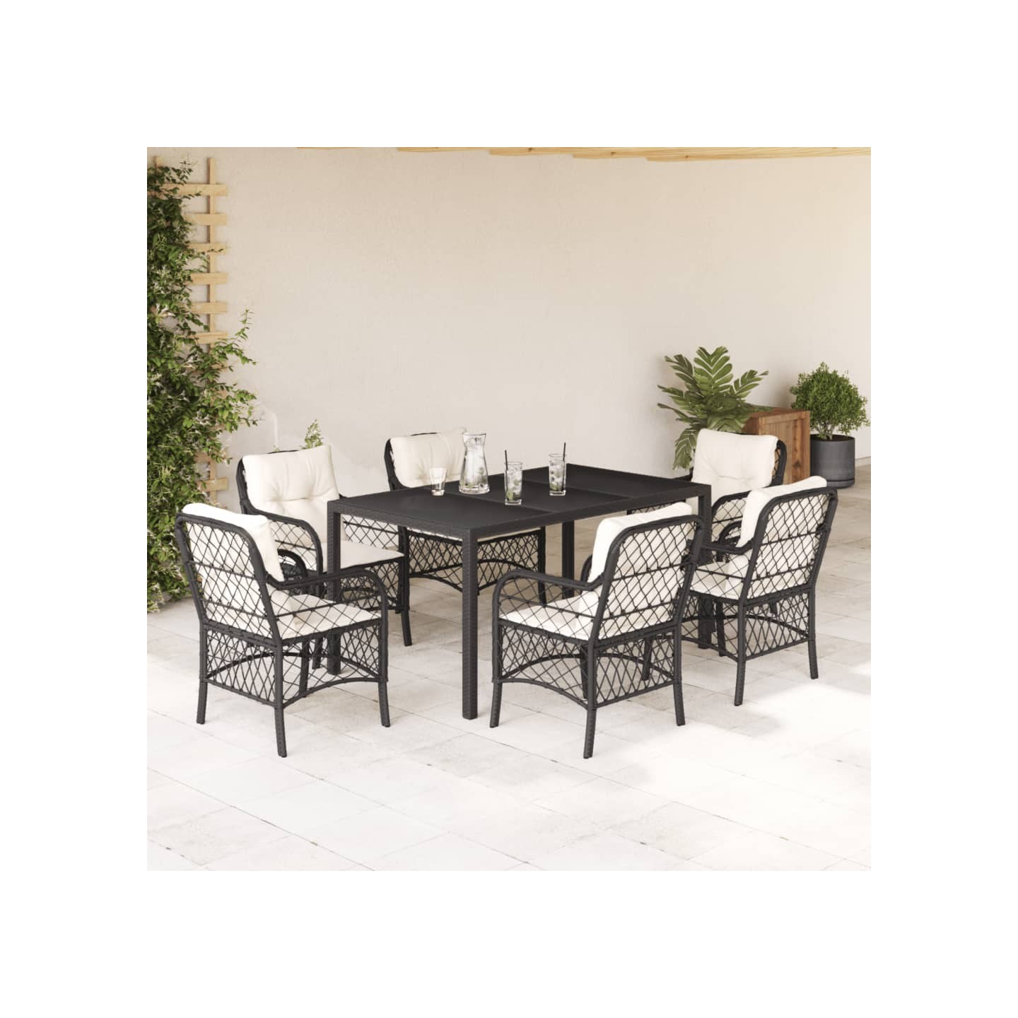 Ensemble à manger de jardin coussins 7pcs Noir Résine tressée