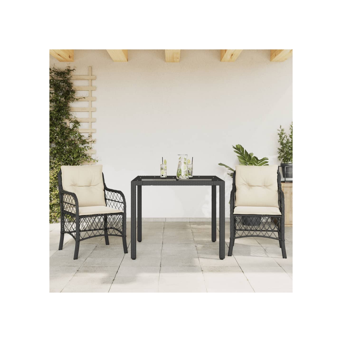 Ensemble de bistro 3 pcs avec coussins noir résine tressée