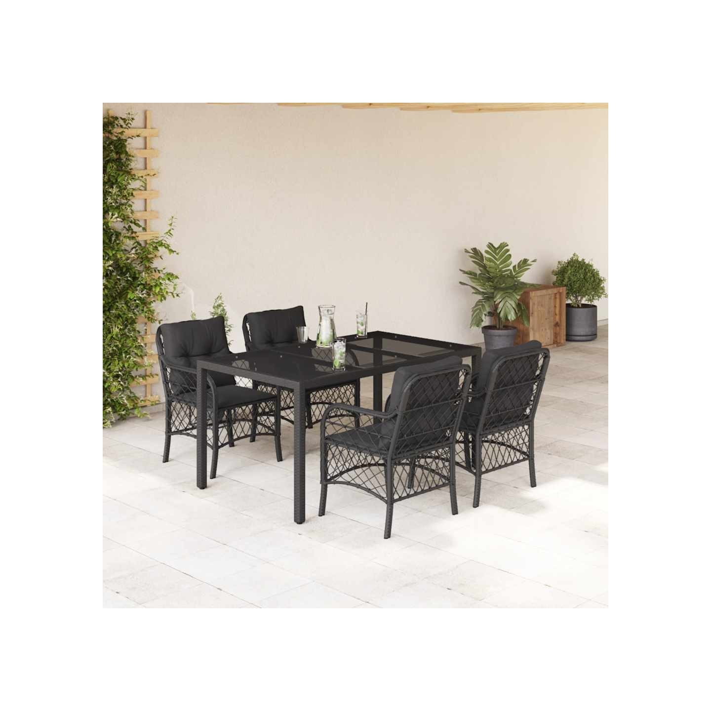 Ensemble à manger de jardin coussins 5pcs Noir Résine tressée
