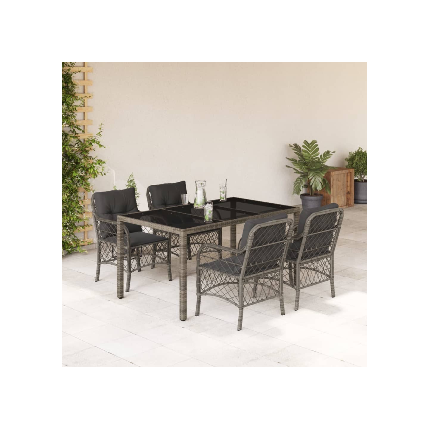 Ensemble à manger de jardin 5 pcs coussins gris résine tressée