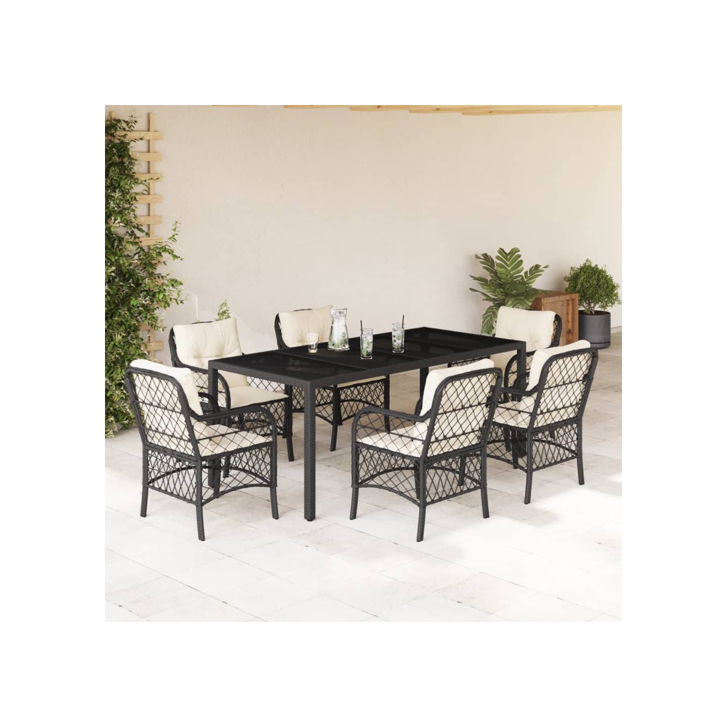 Ensemble à manger de jardin coussins 7pcs Noir Résine tressée