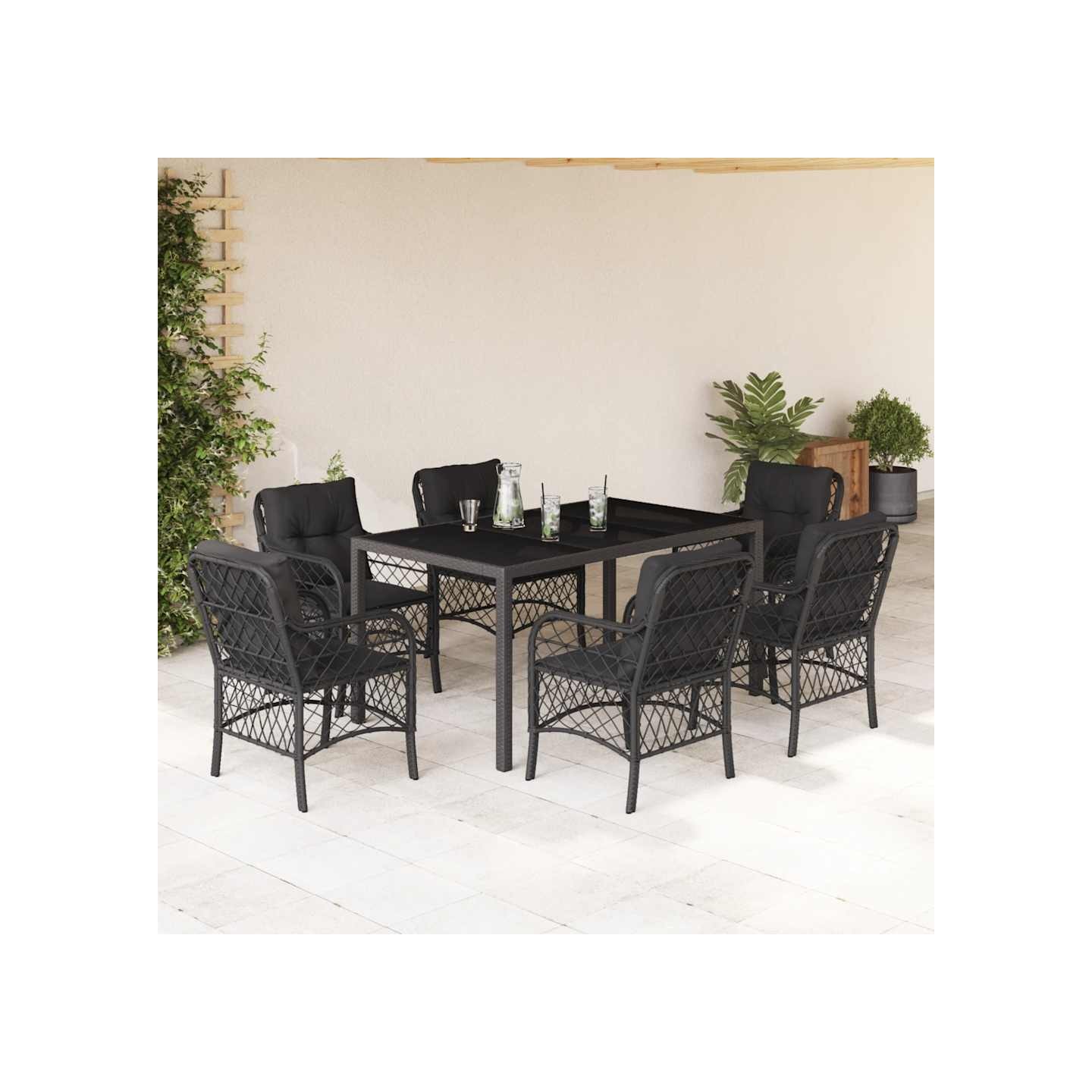 Ensemble à manger de jardin coussins 7pcs Noir Résine tressée