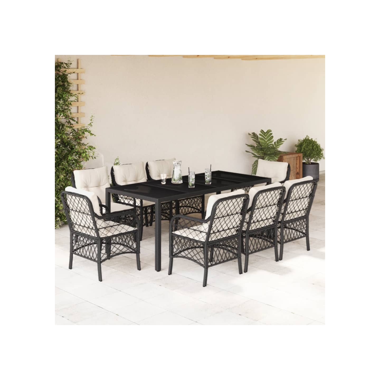 Ensemble à manger de jardin 9pcs coussins noir résine tressée