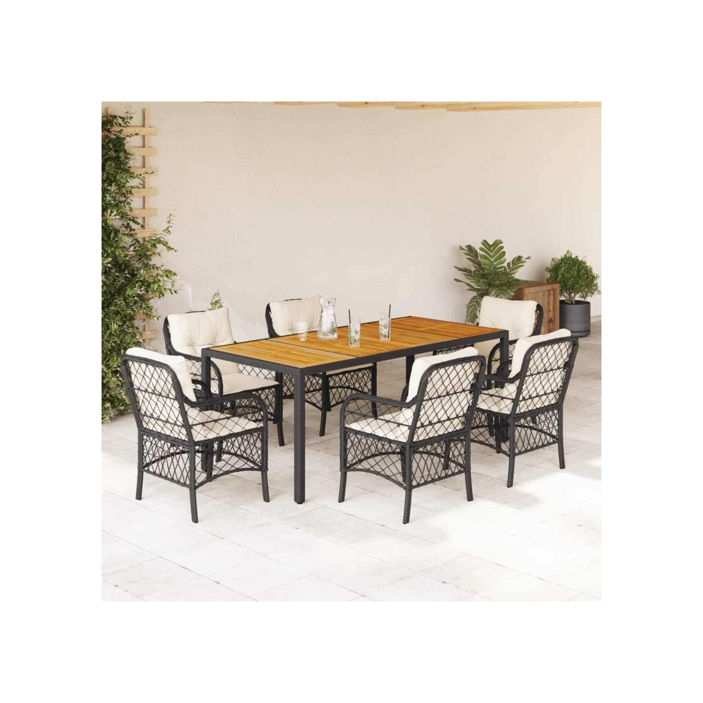 Ensemble à manger de jardin coussins 7pcs Noir Résine tressée