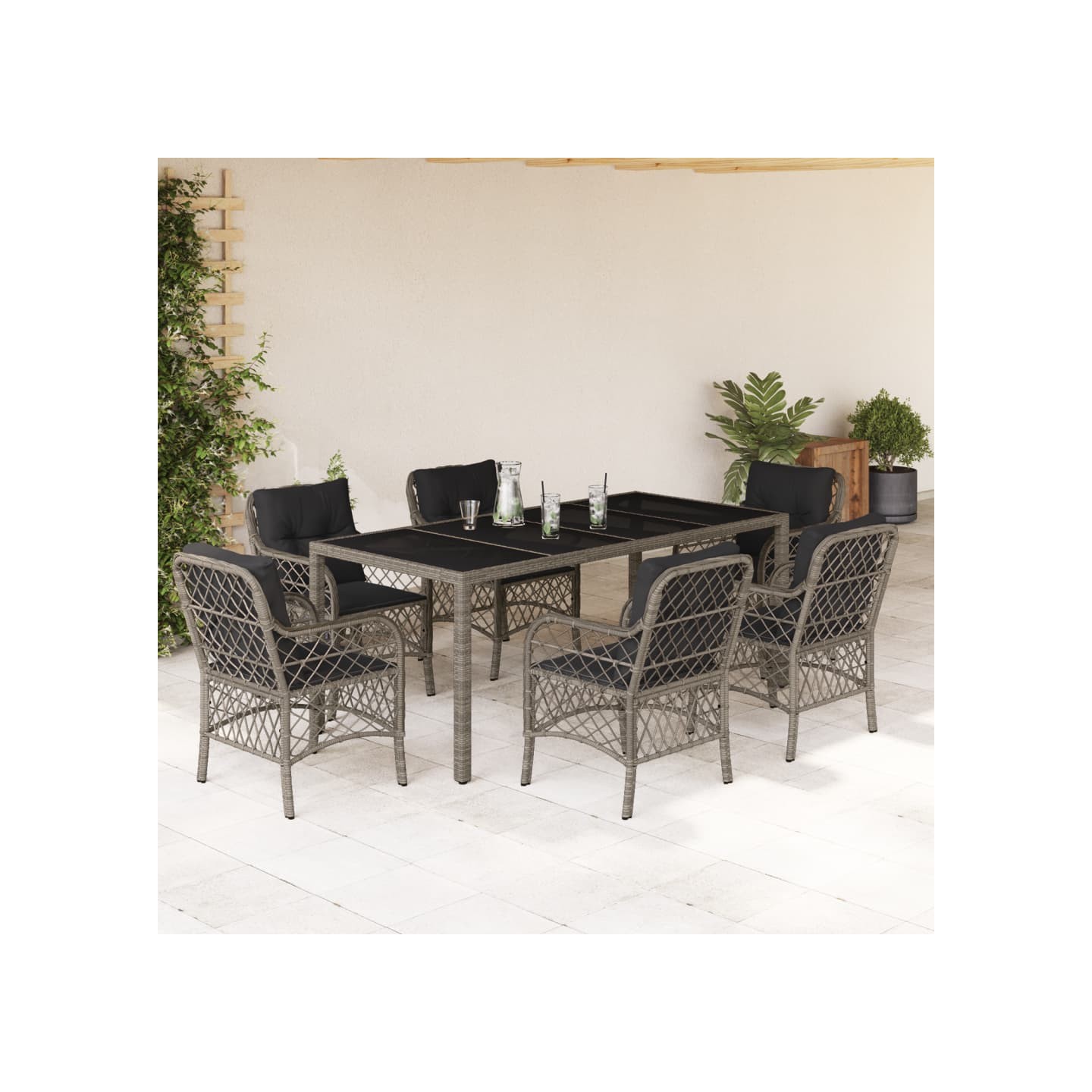Ensemble à manger de jardin et coussins 7 pcs gris rotin