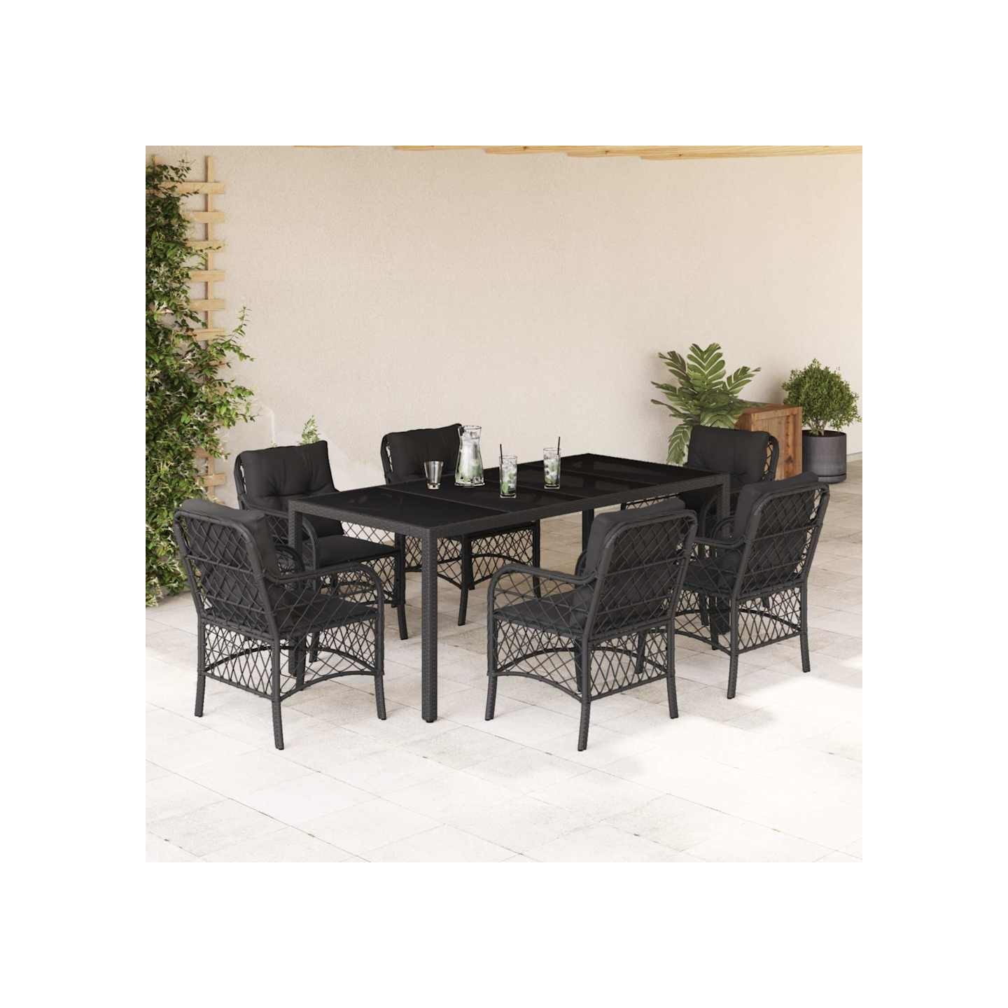 Ensemble à manger de jardin coussins 7pcs Noir Résine tressée