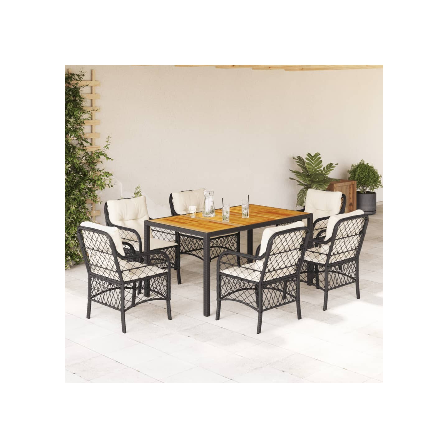 Ensemble à manger de jardin coussins 7pcs Noir Résine tressée