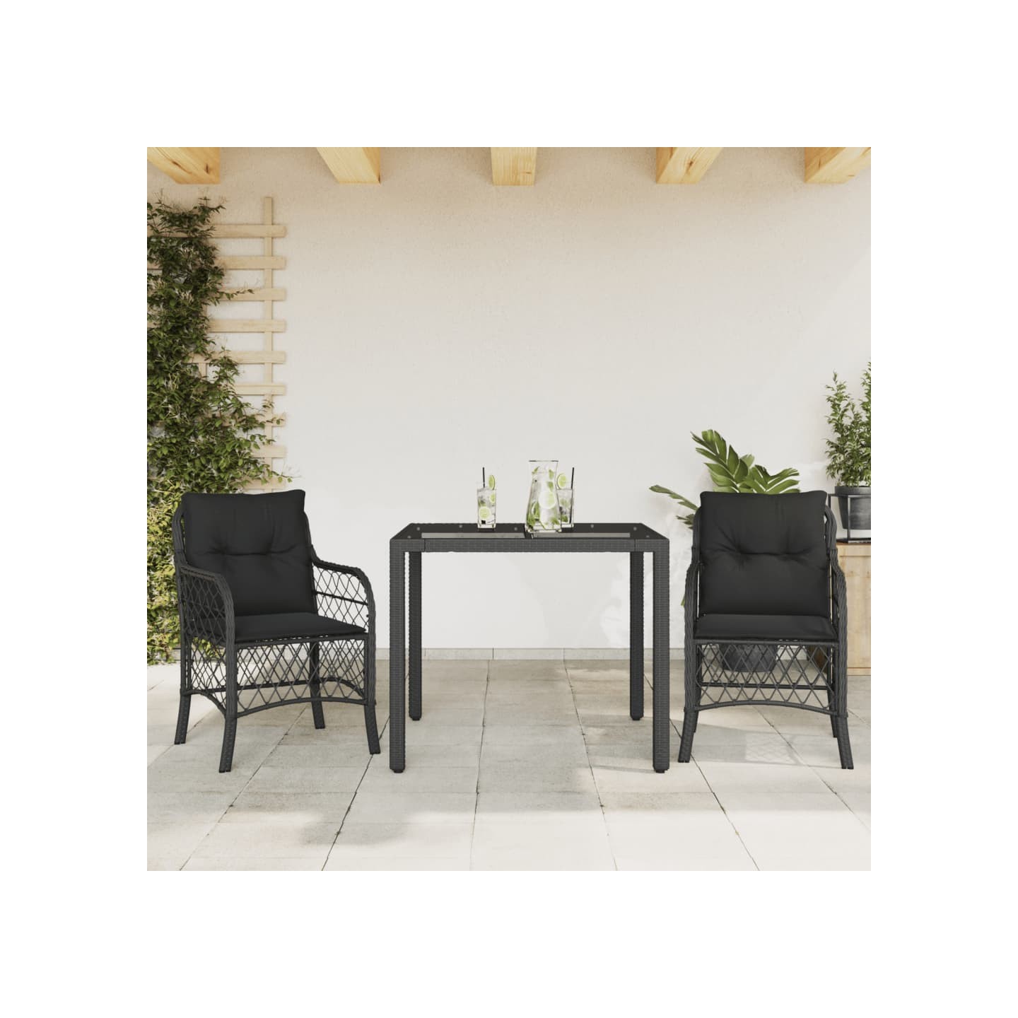 Ensemble de bistro 3 pcs avec coussins noir résine tressée