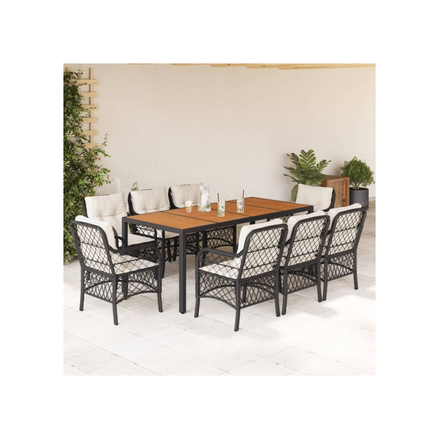 Ensemble à manger de jardin 9pcs coussins noir résine tressée