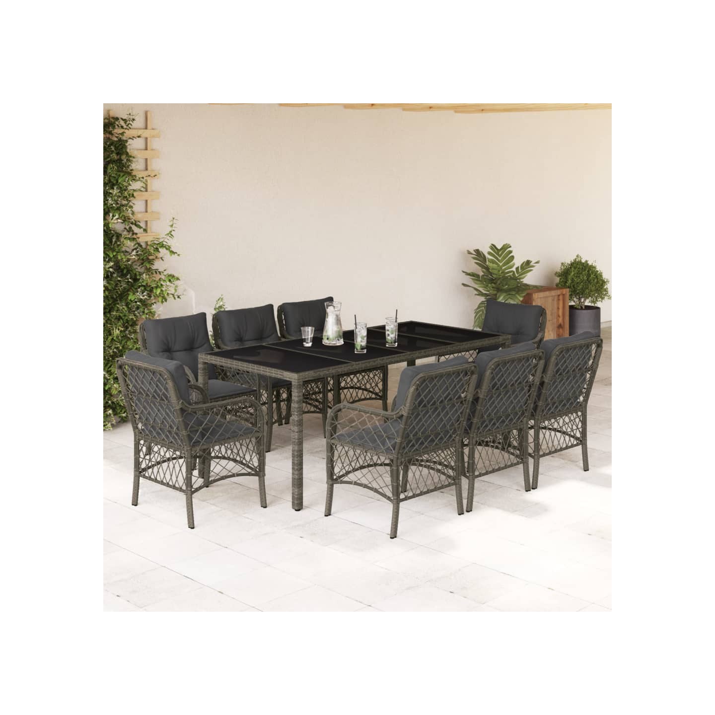 Ensemble à manger de jardin 9 pcs coussins gris résine tressée