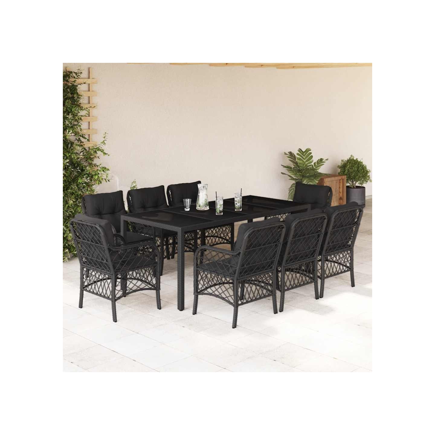 Ensemble à manger de jardin 9pcs coussins noir résine tressée