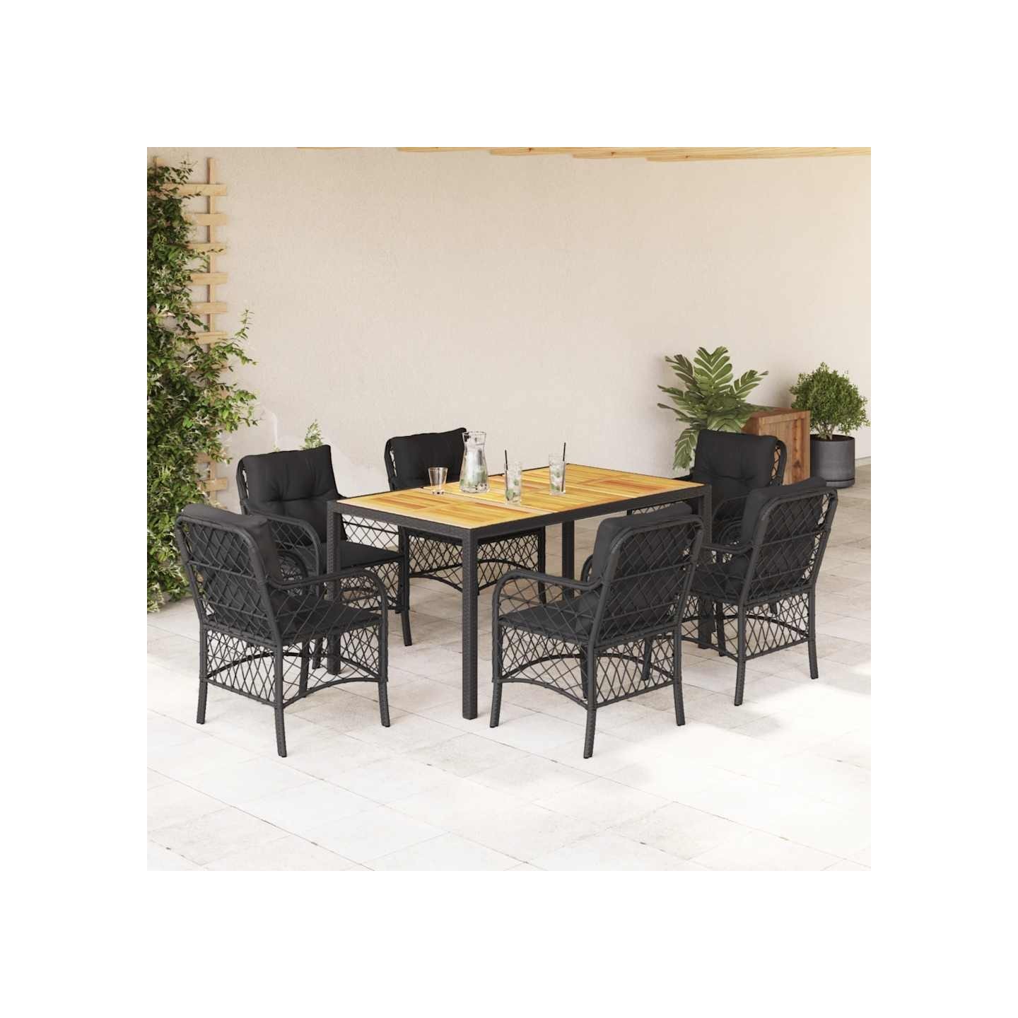 Ensemble à manger de jardin coussins 7pcs Noir Résine tressée
