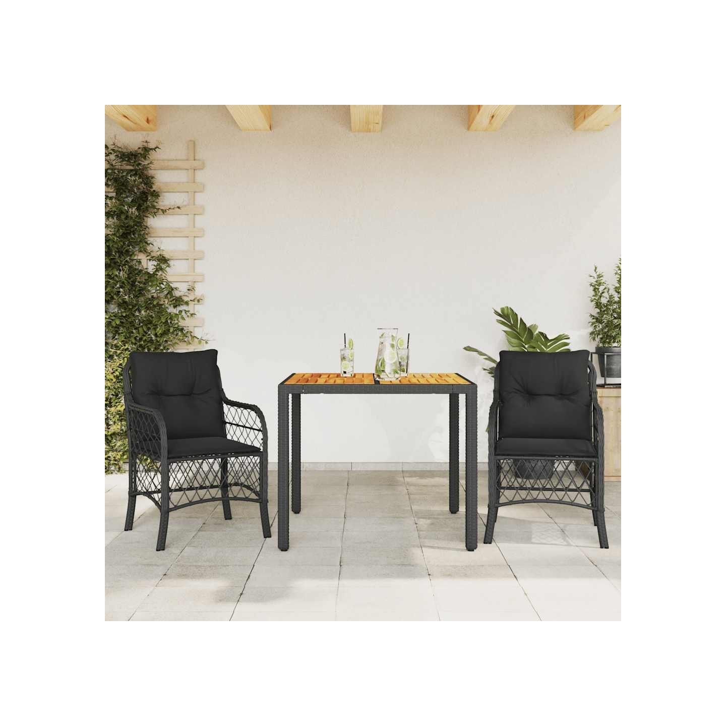 Ensemble de bistro 3 pcs avec coussins noir résine tressée