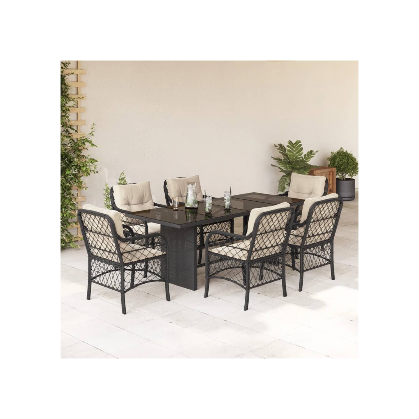 Ensemble à manger de jardin coussins 7pcs Noir Résine tressée
