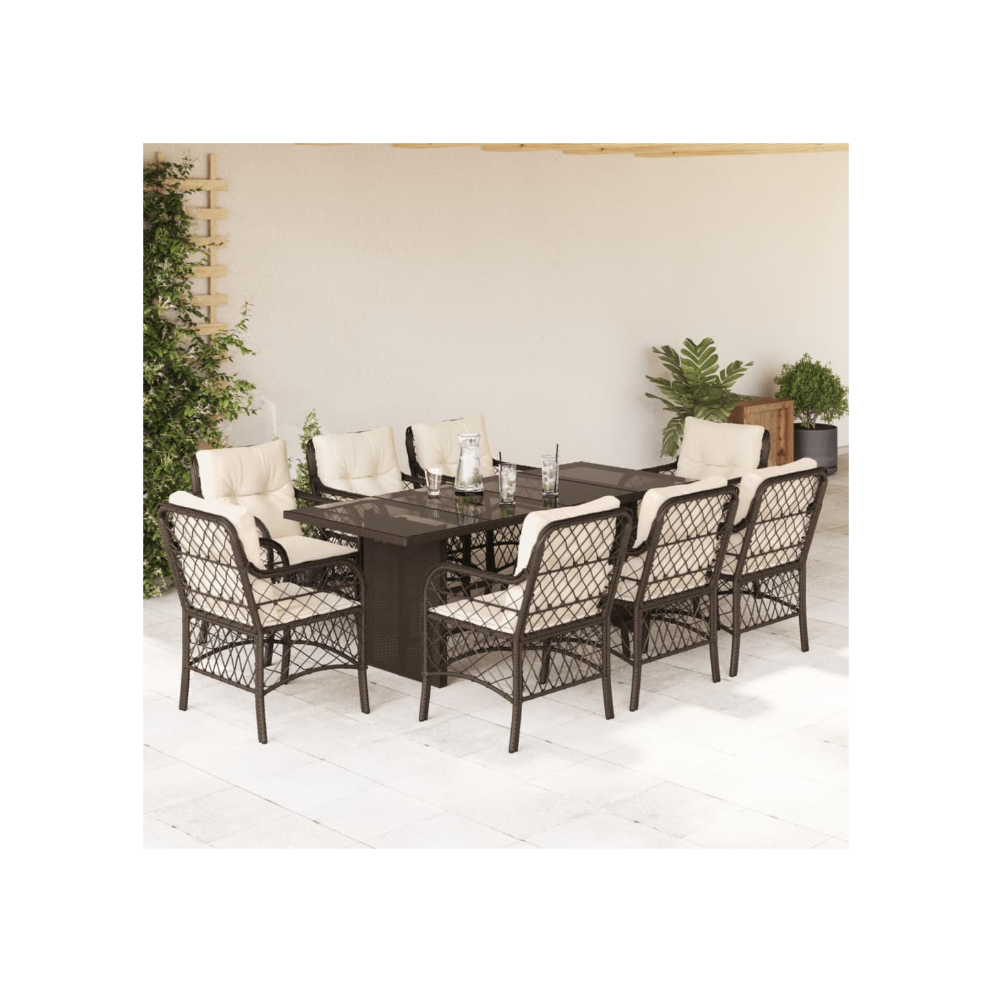Ensemble à manger de jardin et coussins 9 pcs marron poly rotin