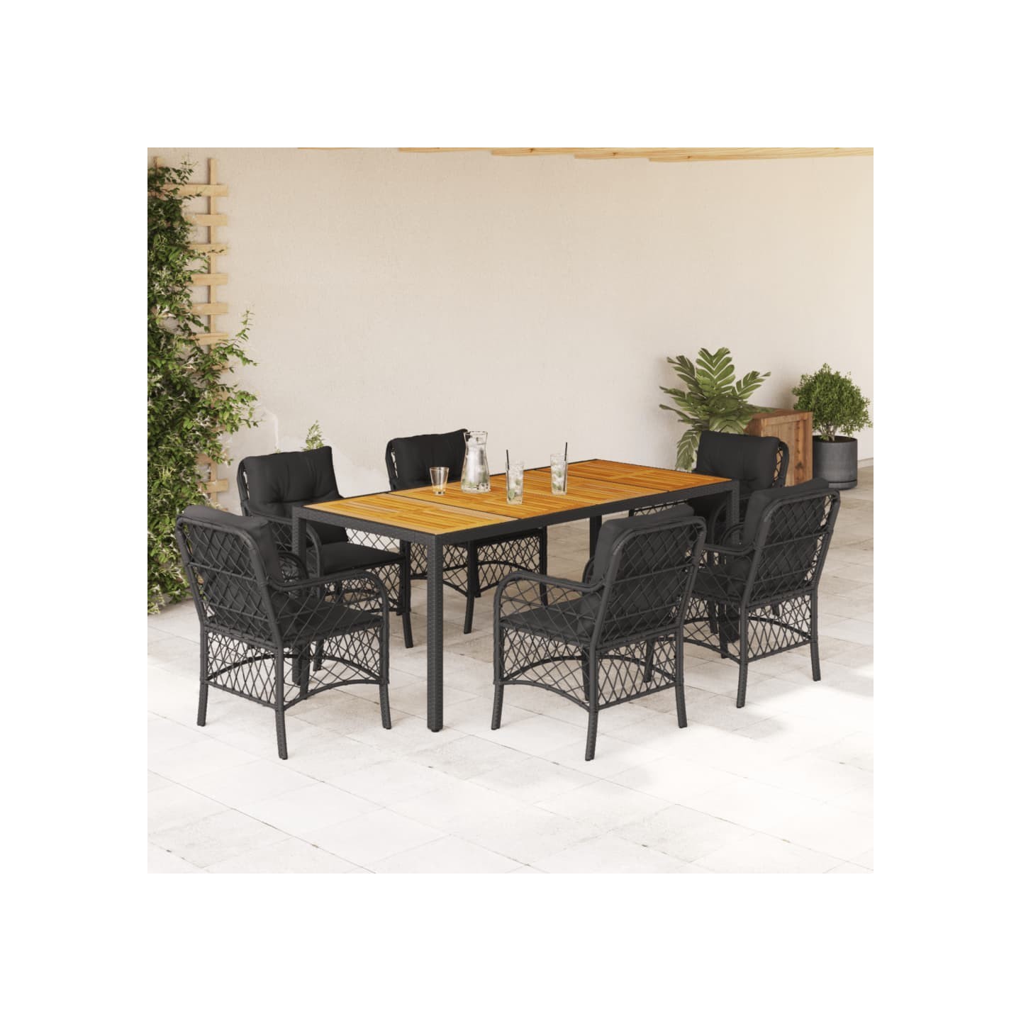 Ensemble à manger de jardin coussins 7pcs Noir Résine tressée