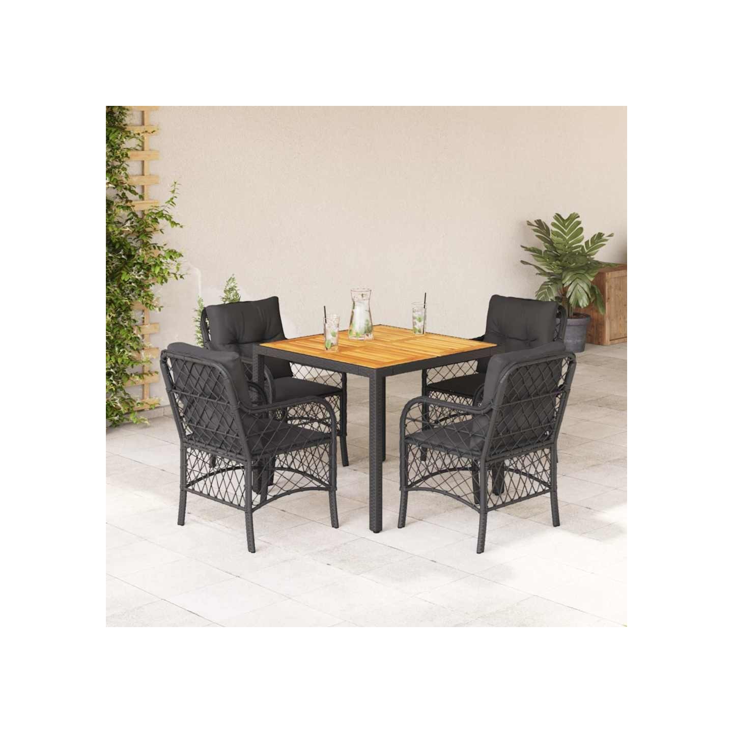 Ensemble à manger de jardin coussins 5pcs Noir Résine tressée