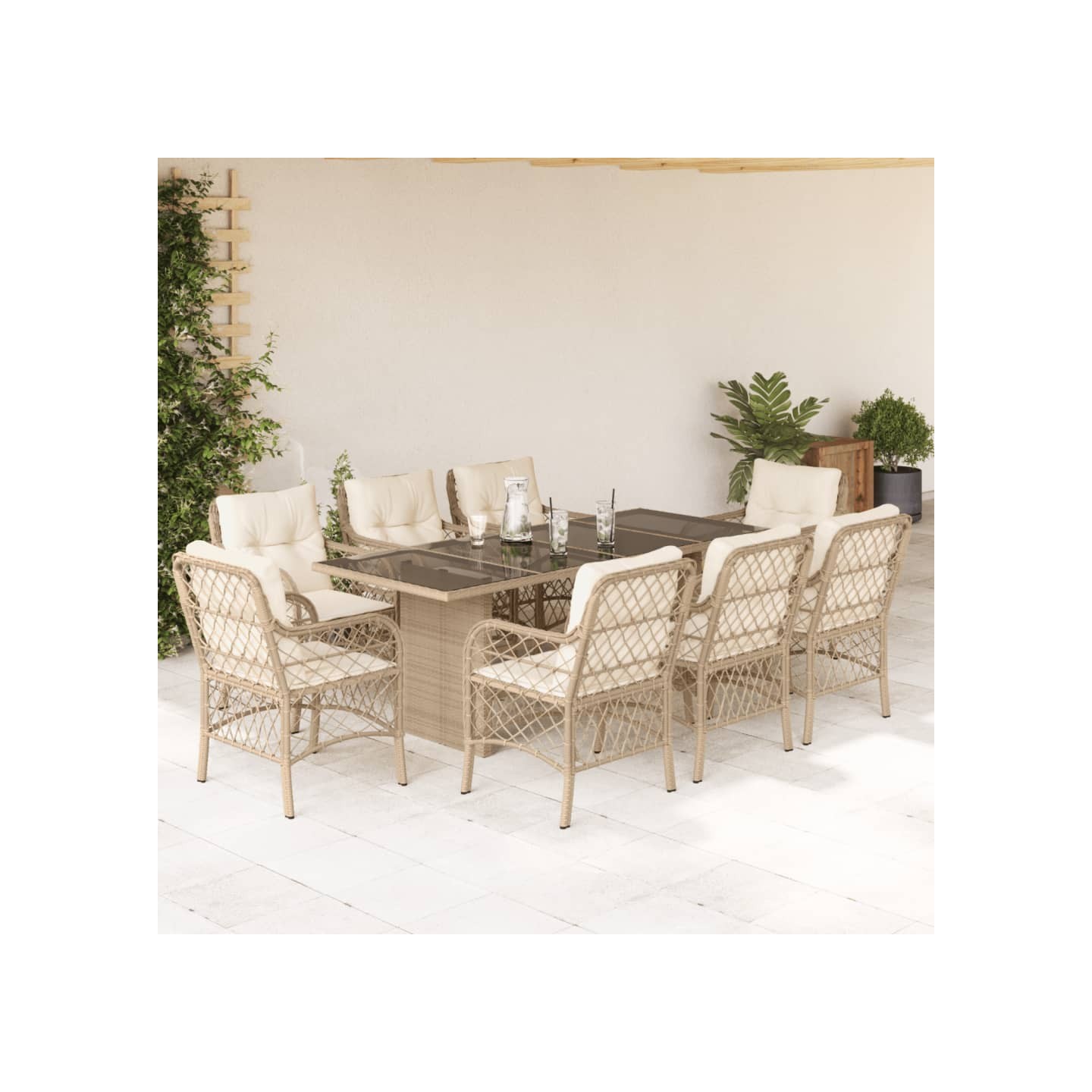 Ensemble à manger de jardin et coussins 9 pcs beige Poly rotin
