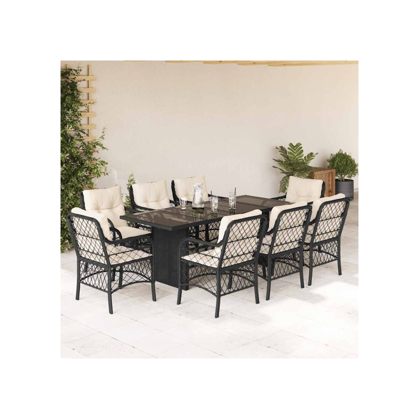 Ensemble à manger de jardin 9pcs coussins noir résine tressée