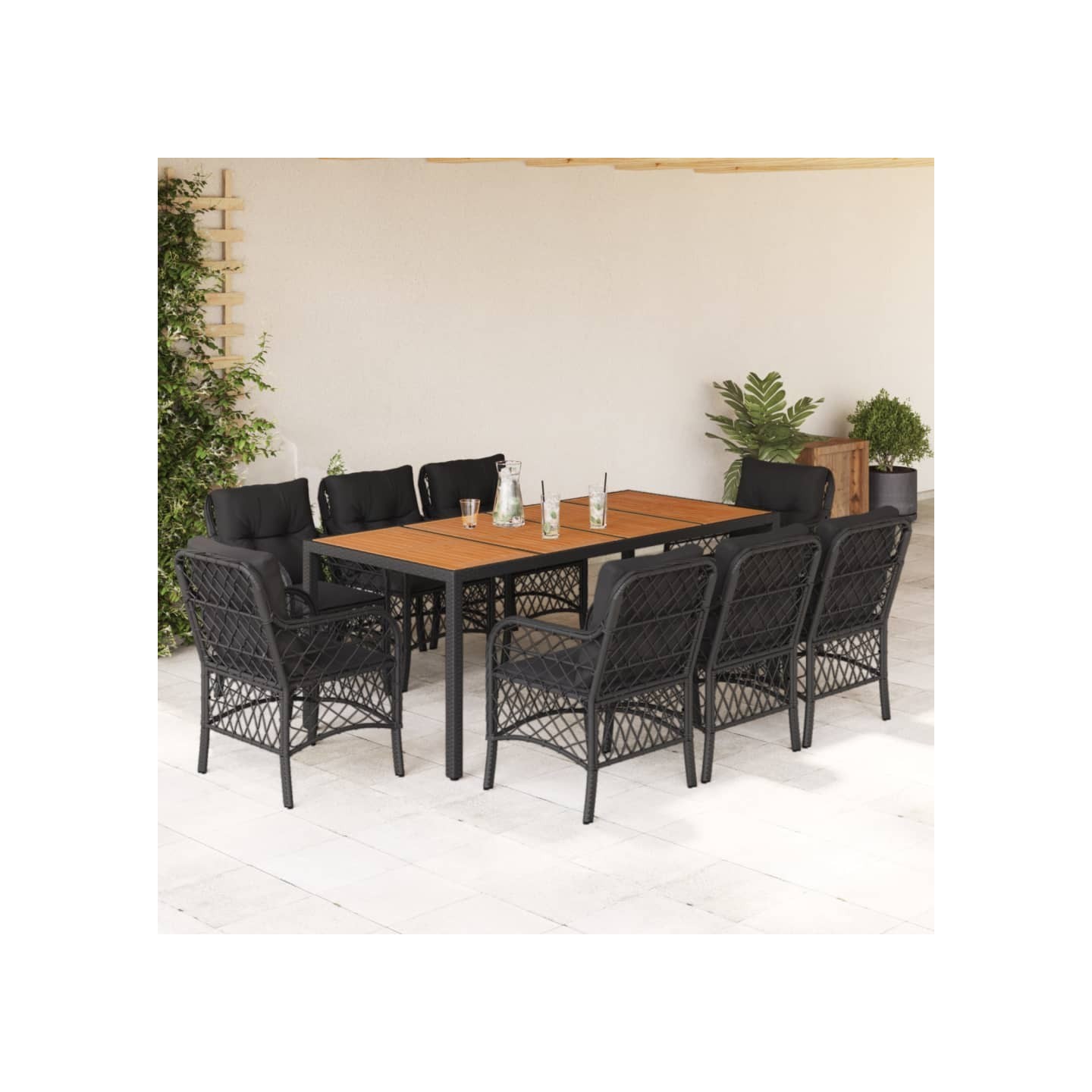 Ensemble à manger de jardin 9pcs coussins noir résine tressée