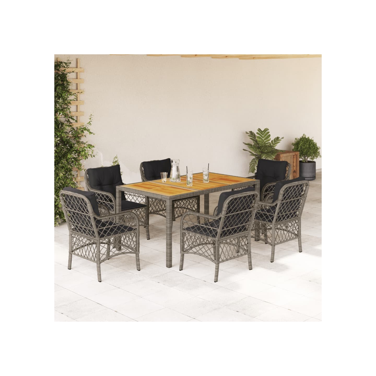 Ensemble à manger de jardin et coussins 7 pcs gris rotin