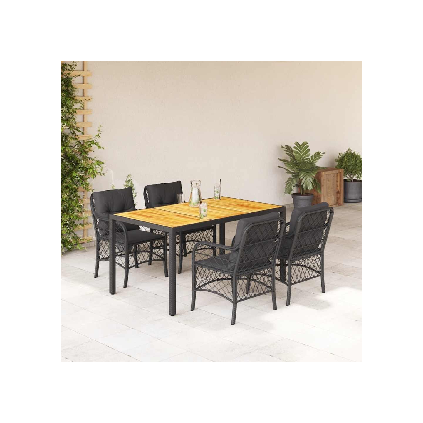 Ensemble à manger de jardin coussins 5pcs Noir Résine tressée