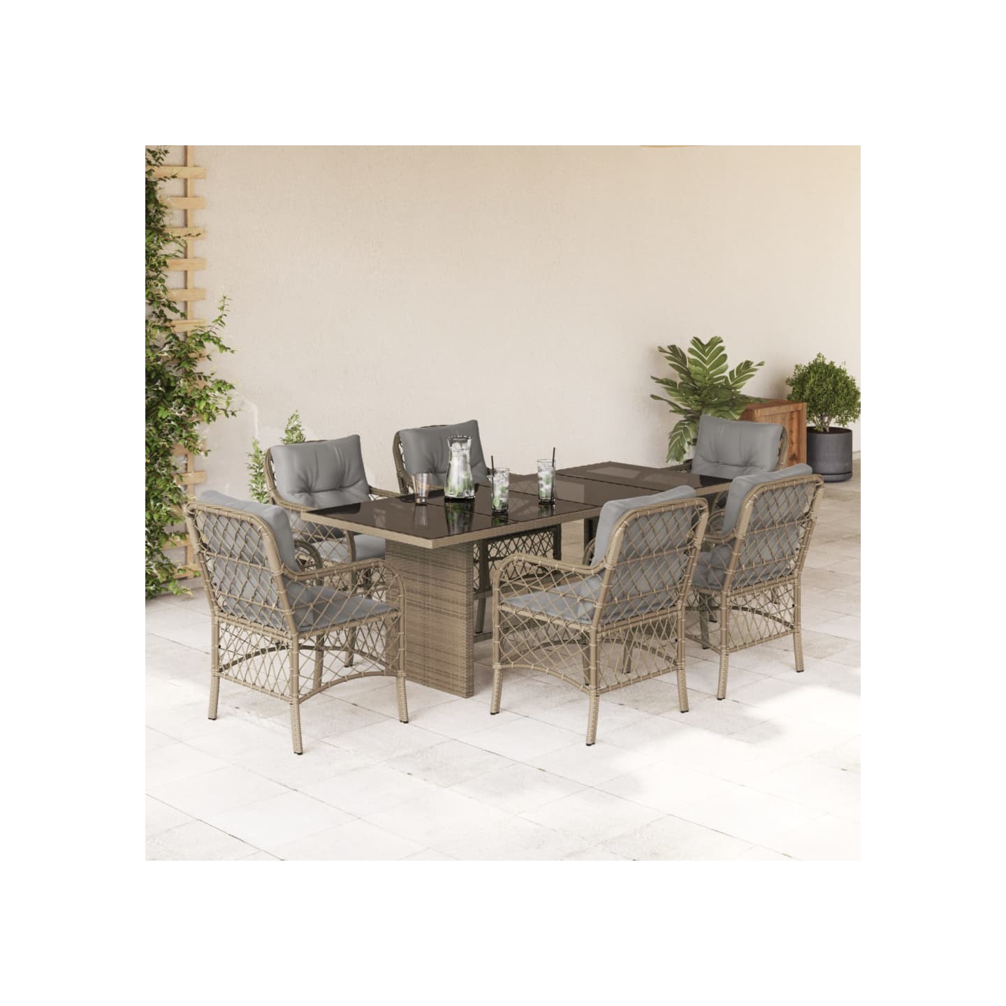 Ensemble à manger de jardin coussins 7 pcs mélange beige rotin