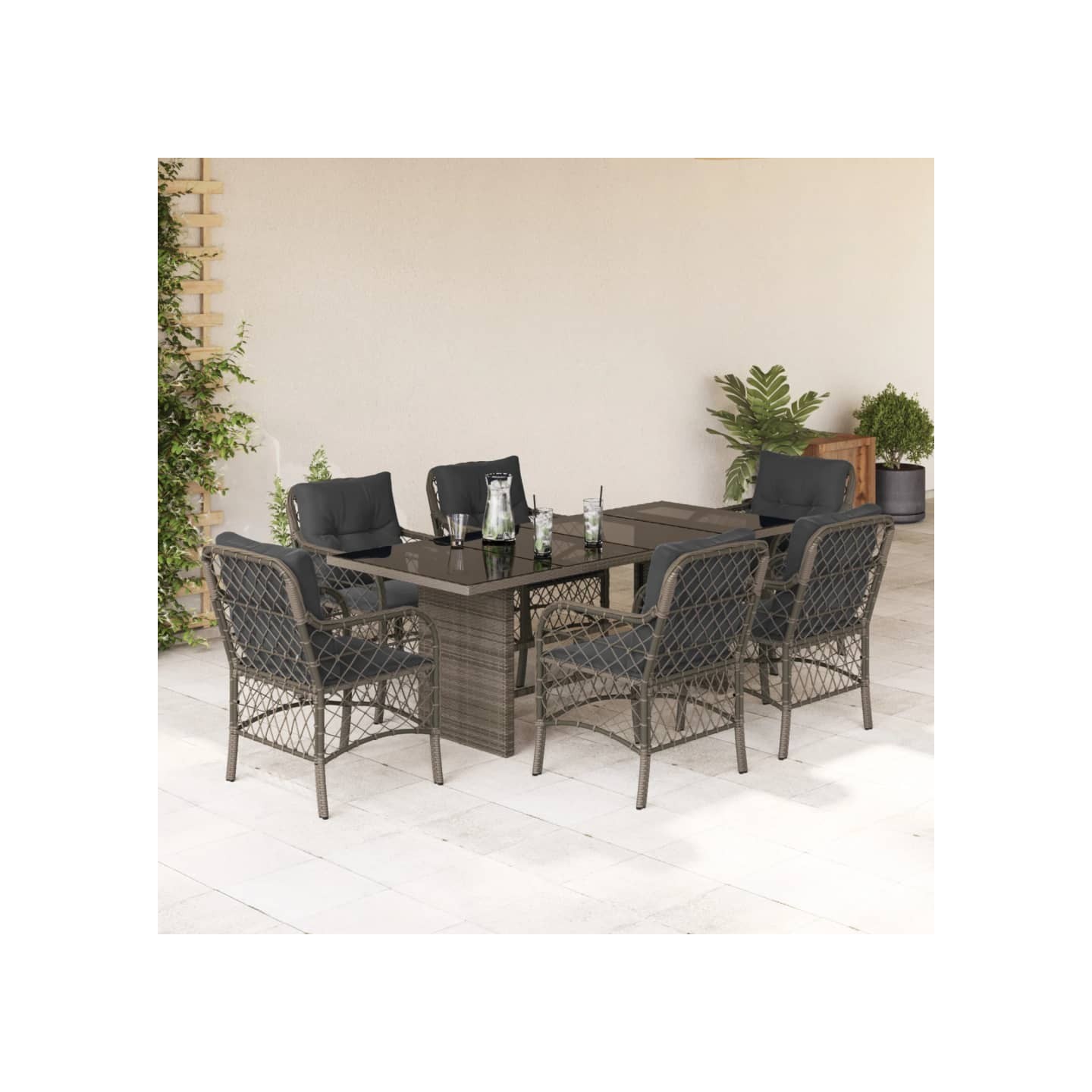 Ensemble à manger de jardin et coussins 7 pcs gris rotin