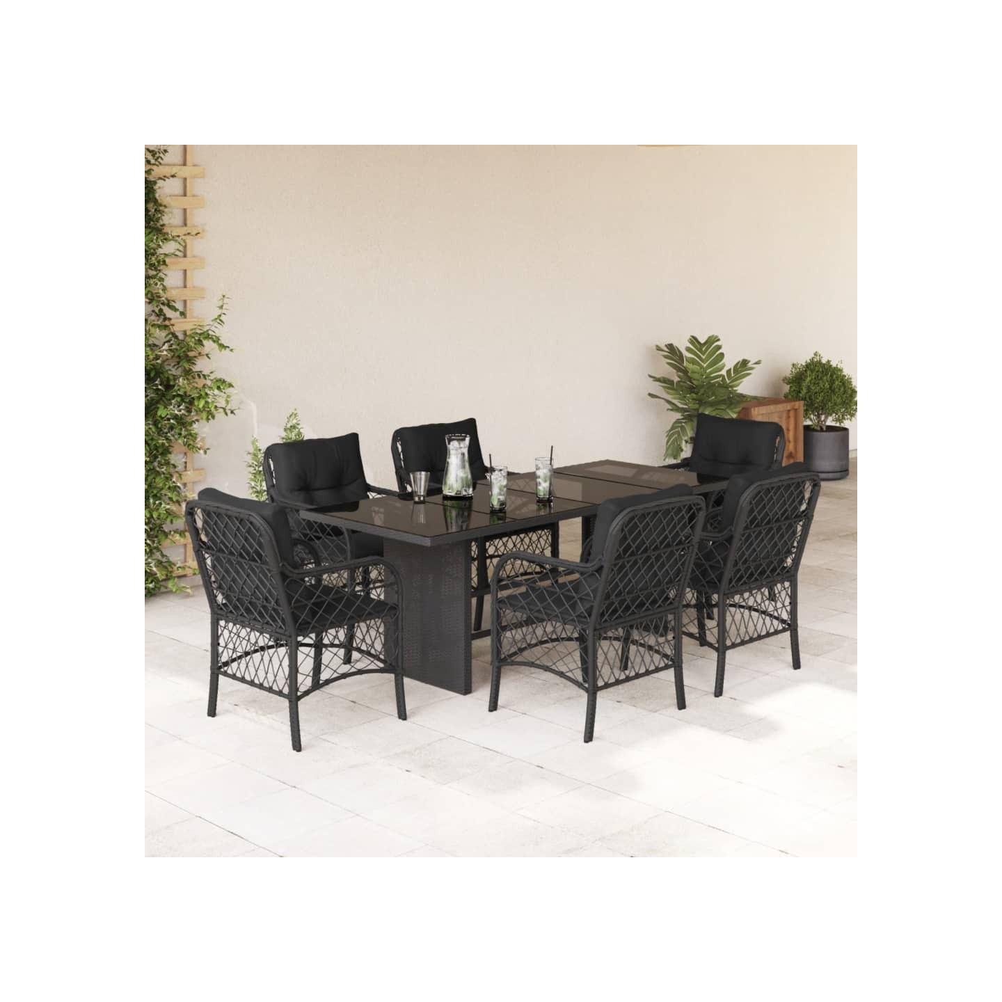 Ensemble à manger de jardin coussins 7pcs Noir Résine tressée