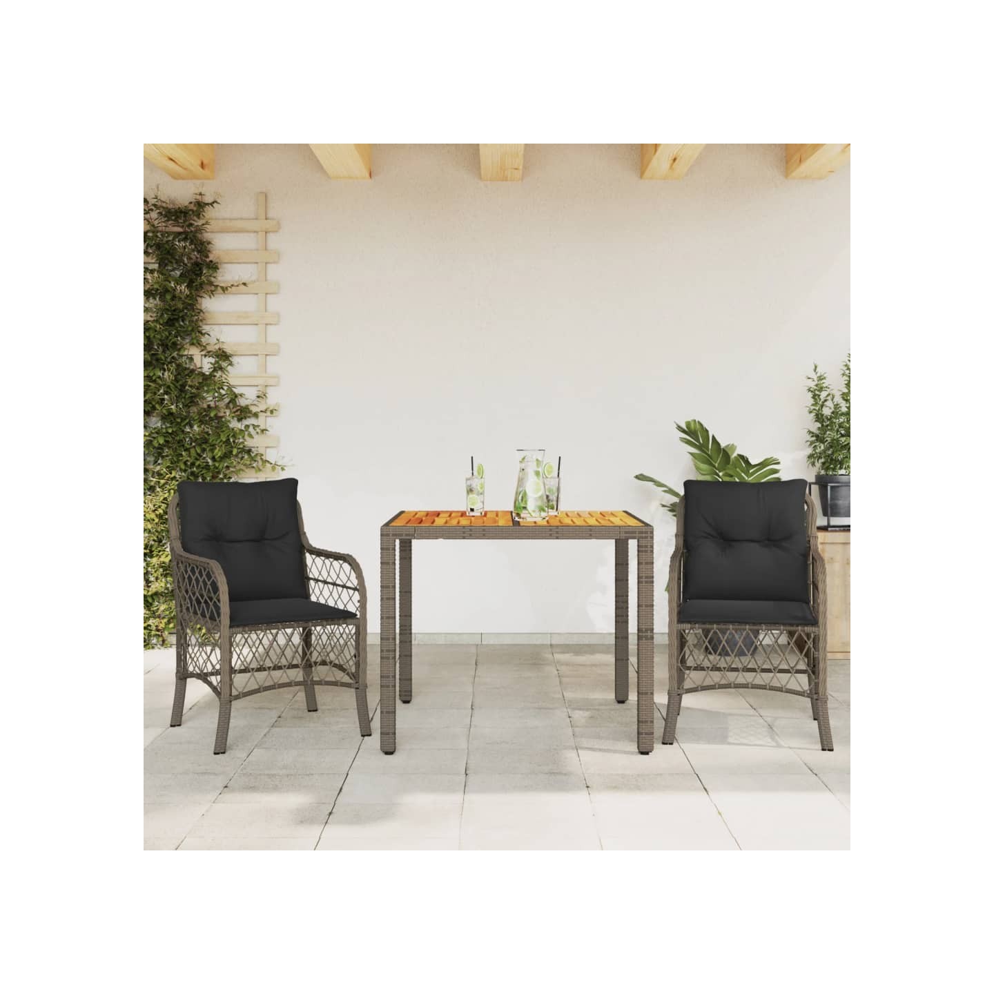 Ensemble de bistro 3 pcs avec coussins gris résine tressée