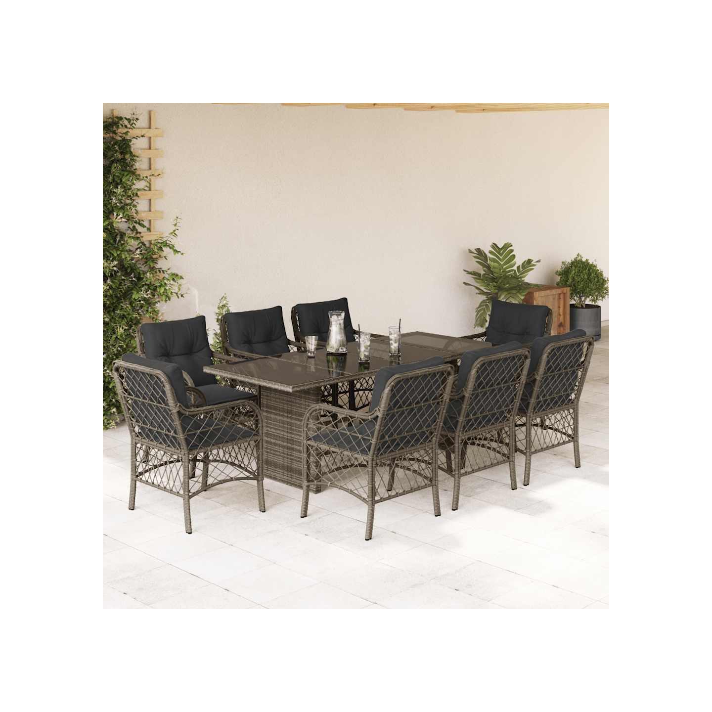 Ensemble à manger de jardin 9 pcs coussins gris résine tressée