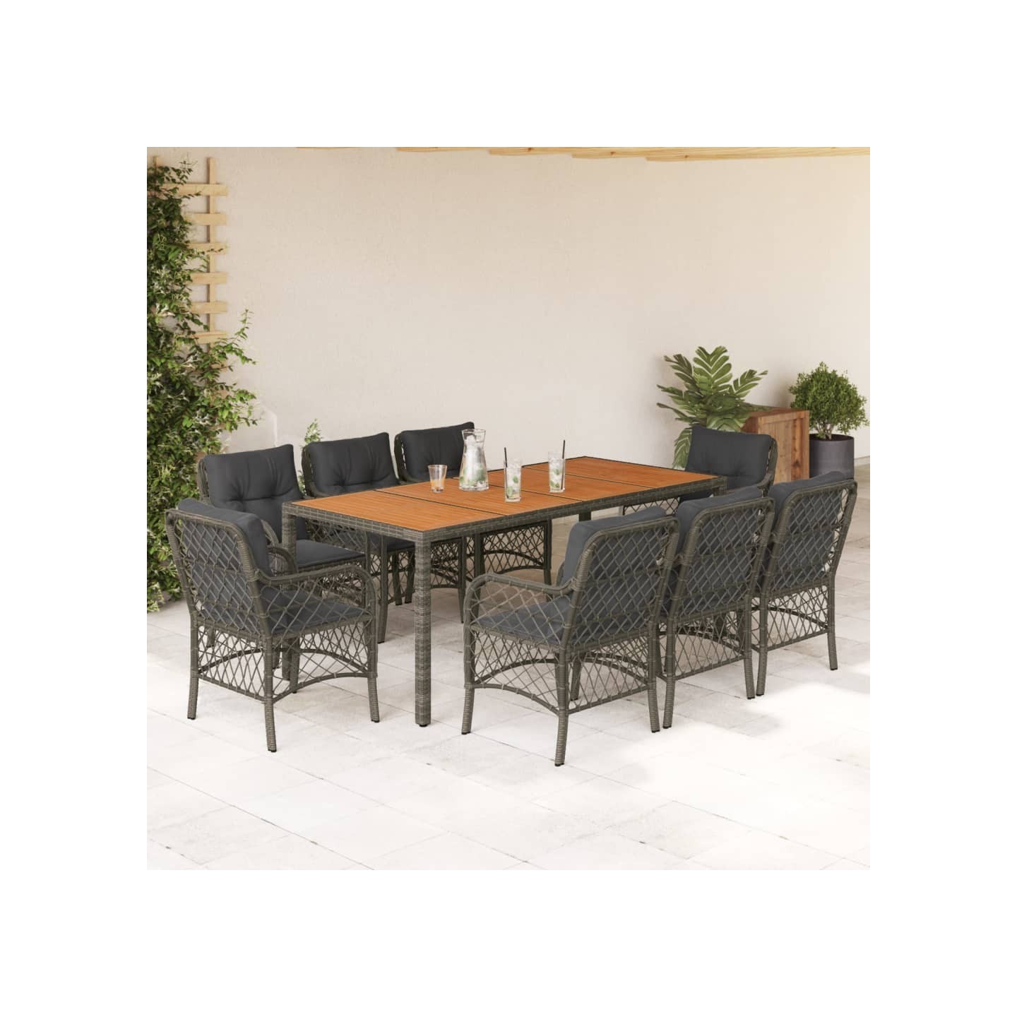 Ensemble à manger de jardin 9 pcs coussins gris résine tressée