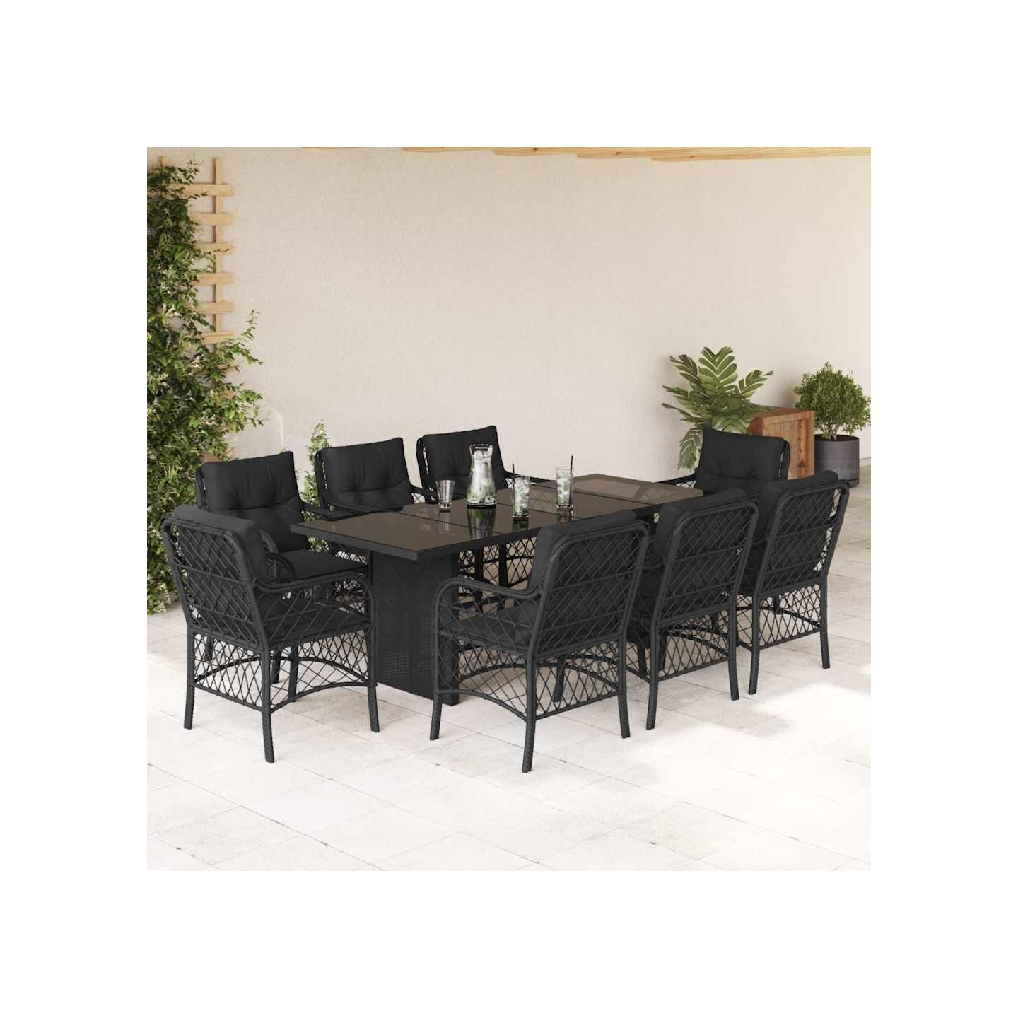 Ensemble à manger de jardin 9pcs coussins noir résine tressée