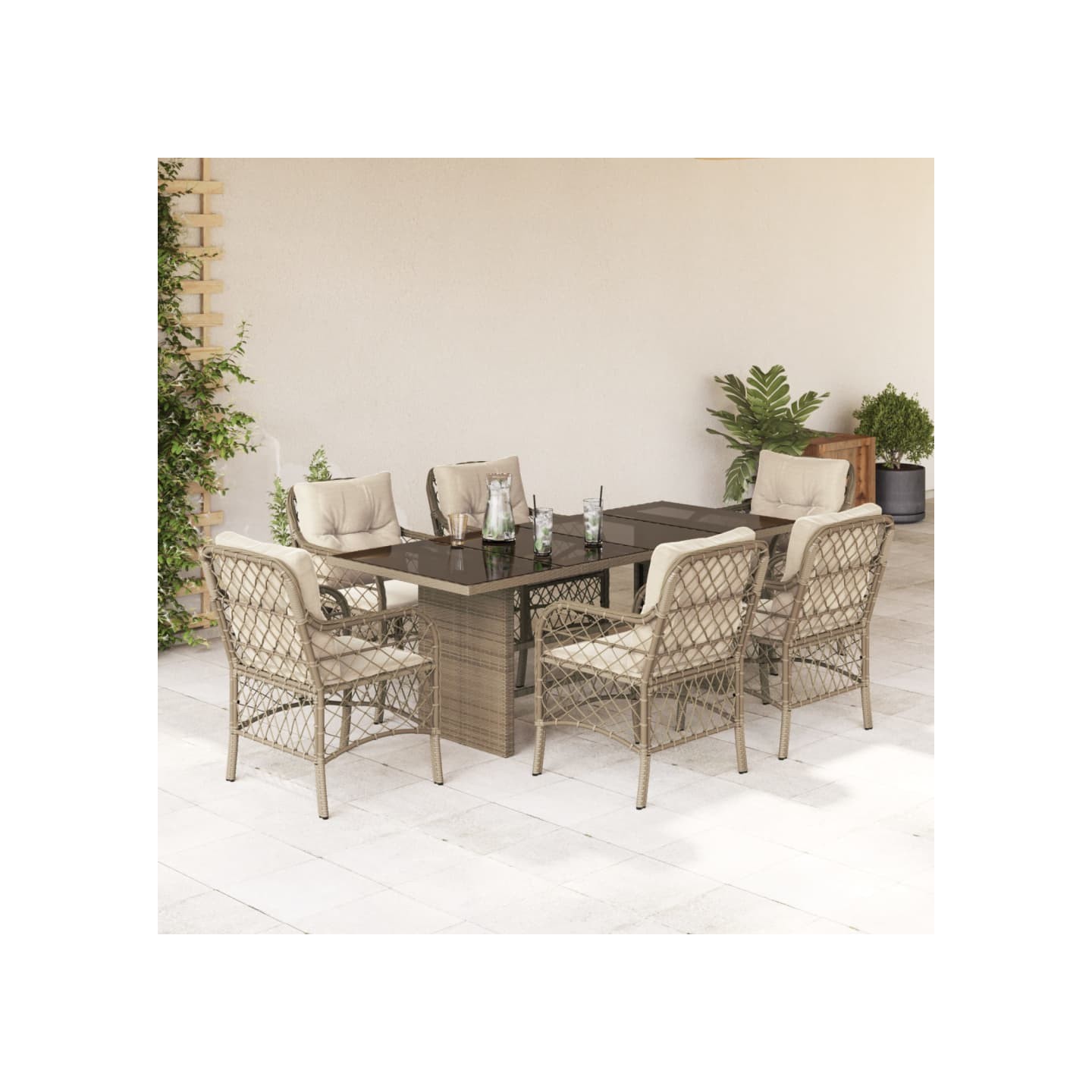 Ensemble à manger de jardin et coussins 7 pcs beige poly rotin