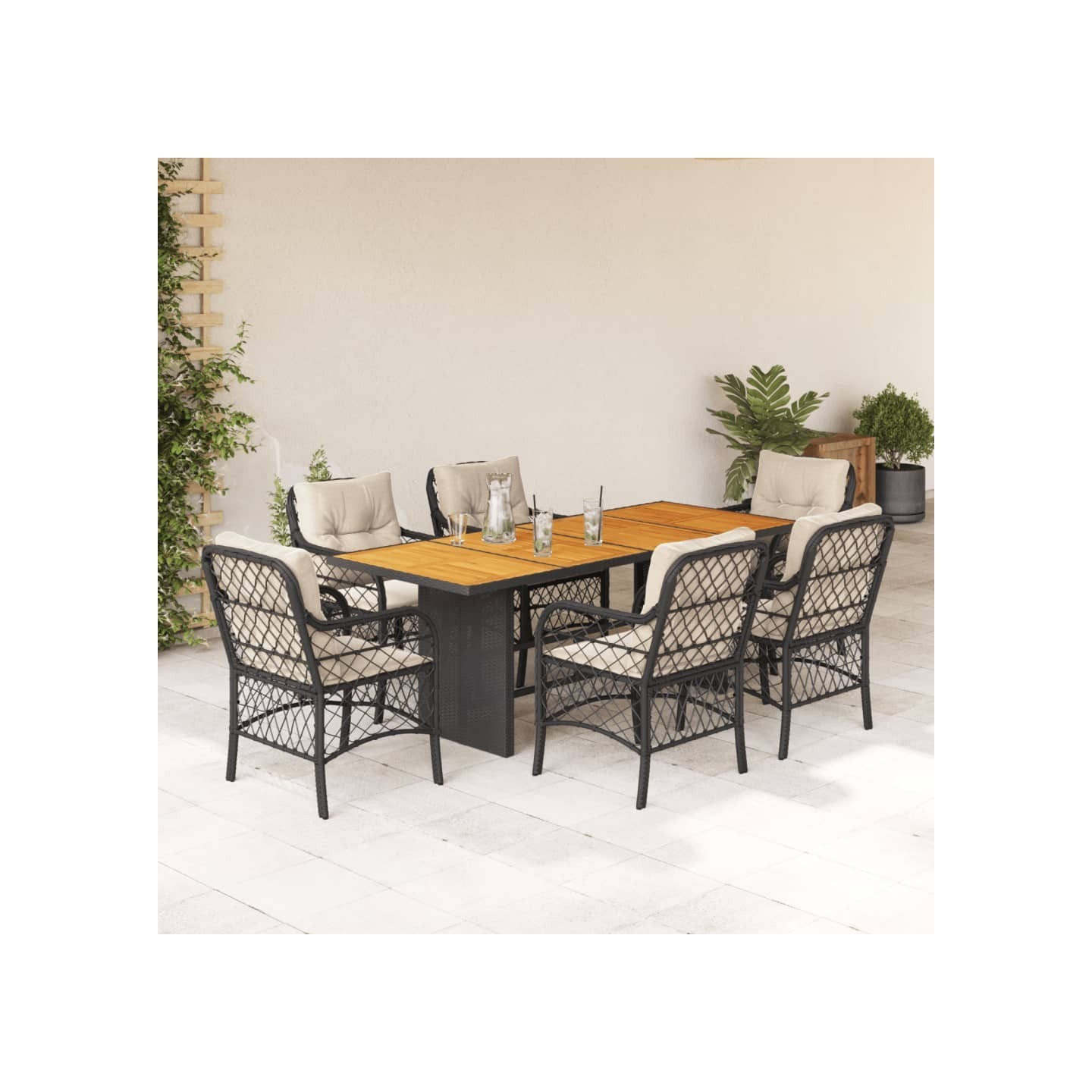 Ensemble à manger de jardin coussins 7pcs Noir Résine tressée
