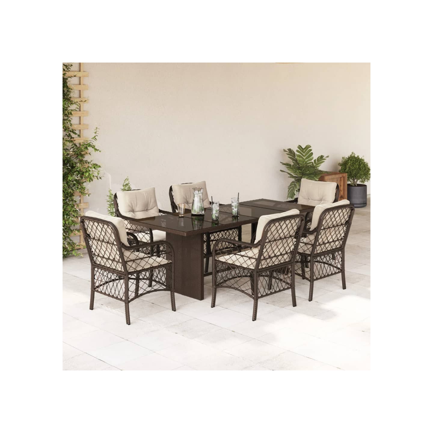 Ensemble à manger de jardin et coussins 7 pcs marron rotin