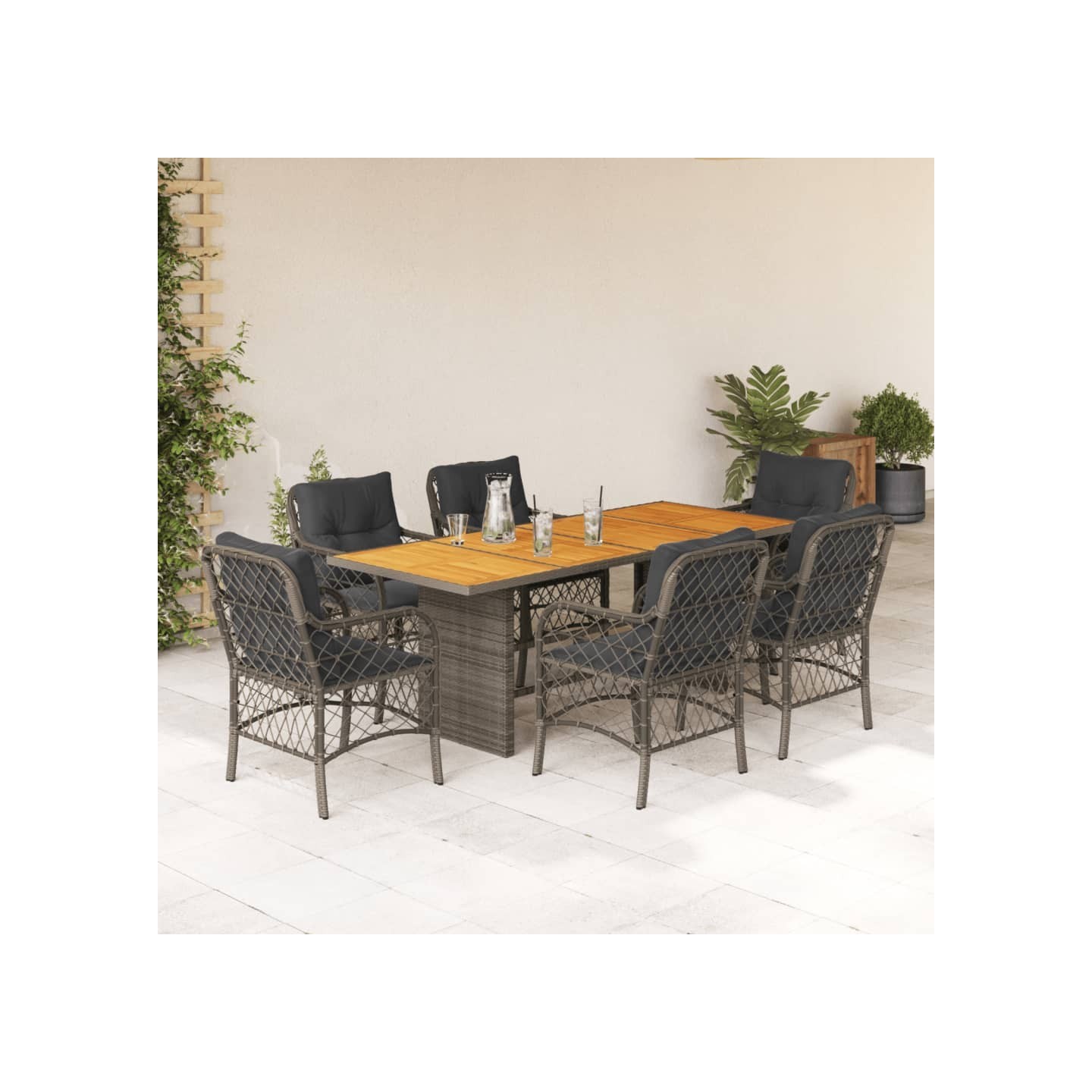 Ensemble à manger de jardin et coussins 7 pcs gris rotin