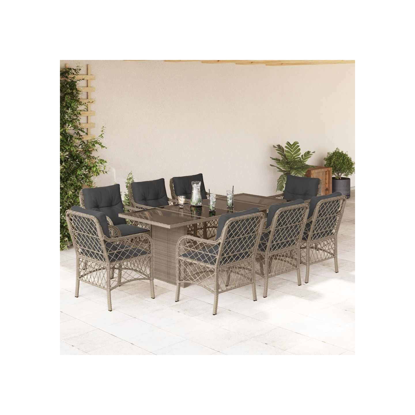 Ensemble à manger de jardin et coussins 9 pcs gris clair rotin