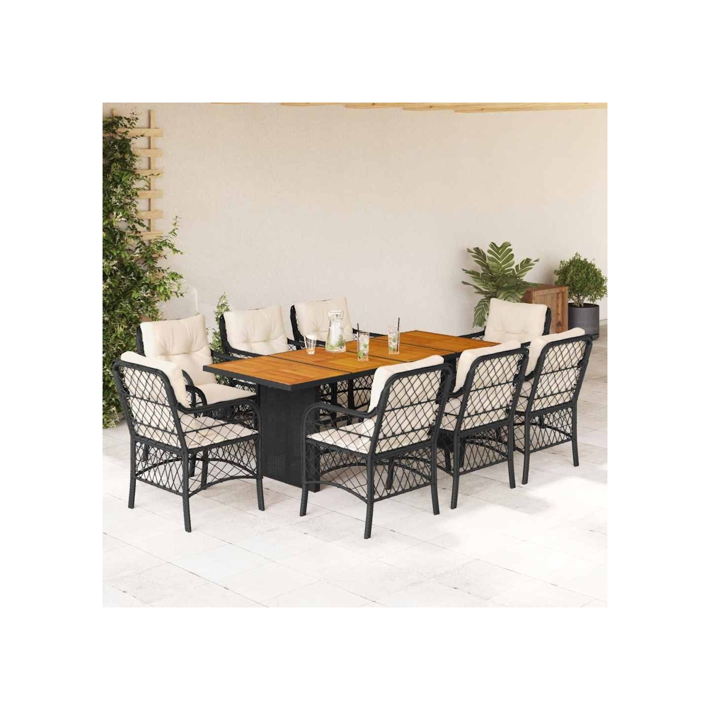 Ensemble à manger de jardin 9pcs coussins noir résine tressée