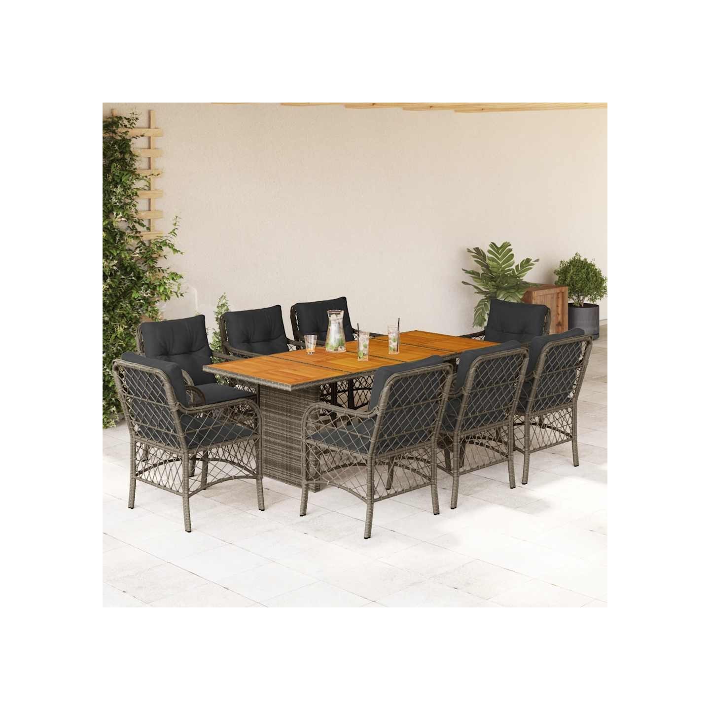 Ensemble à manger de jardin 9 pcs coussins gris résine tressée