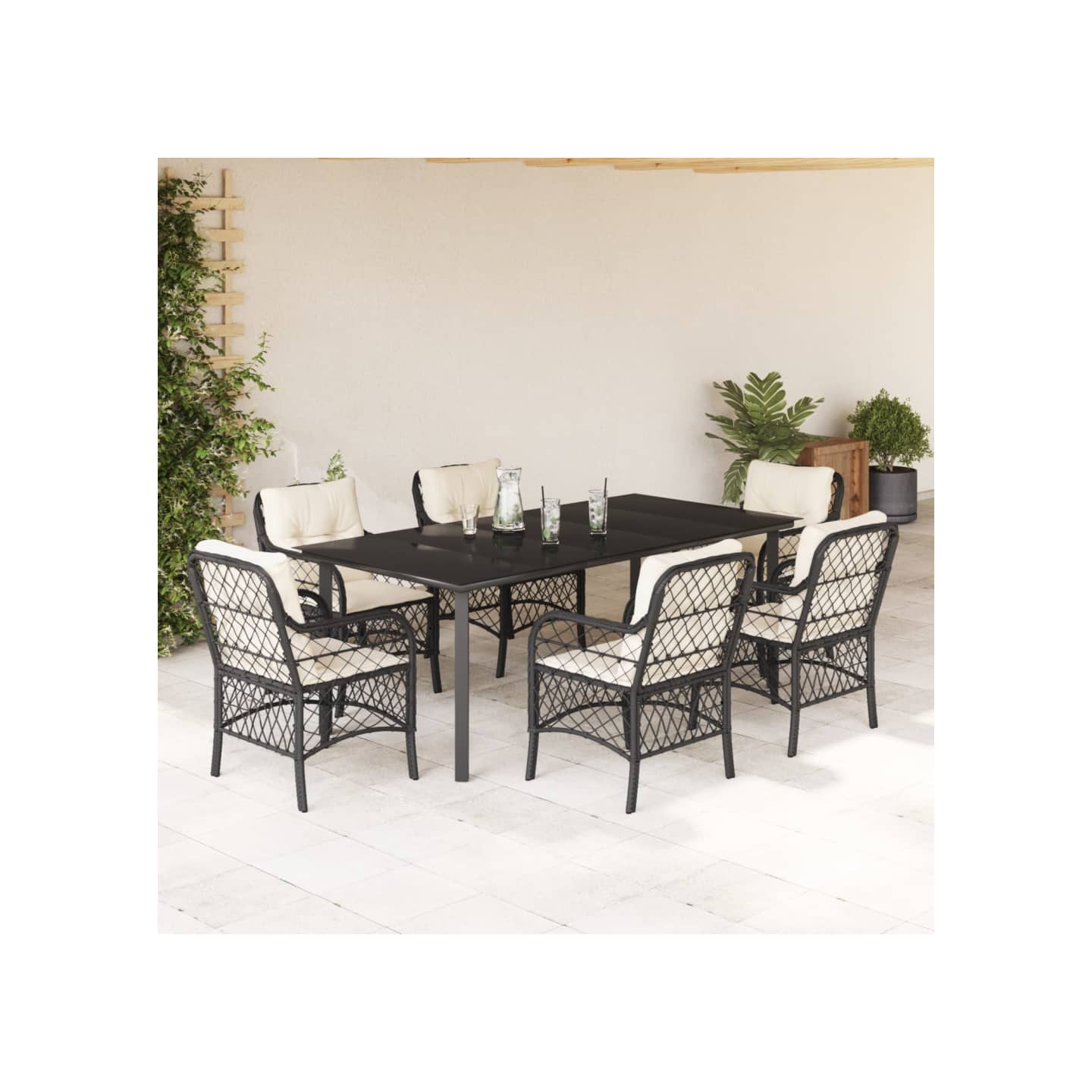 Ensemble à manger de jardin coussins 7pcs Noir Résine tressée