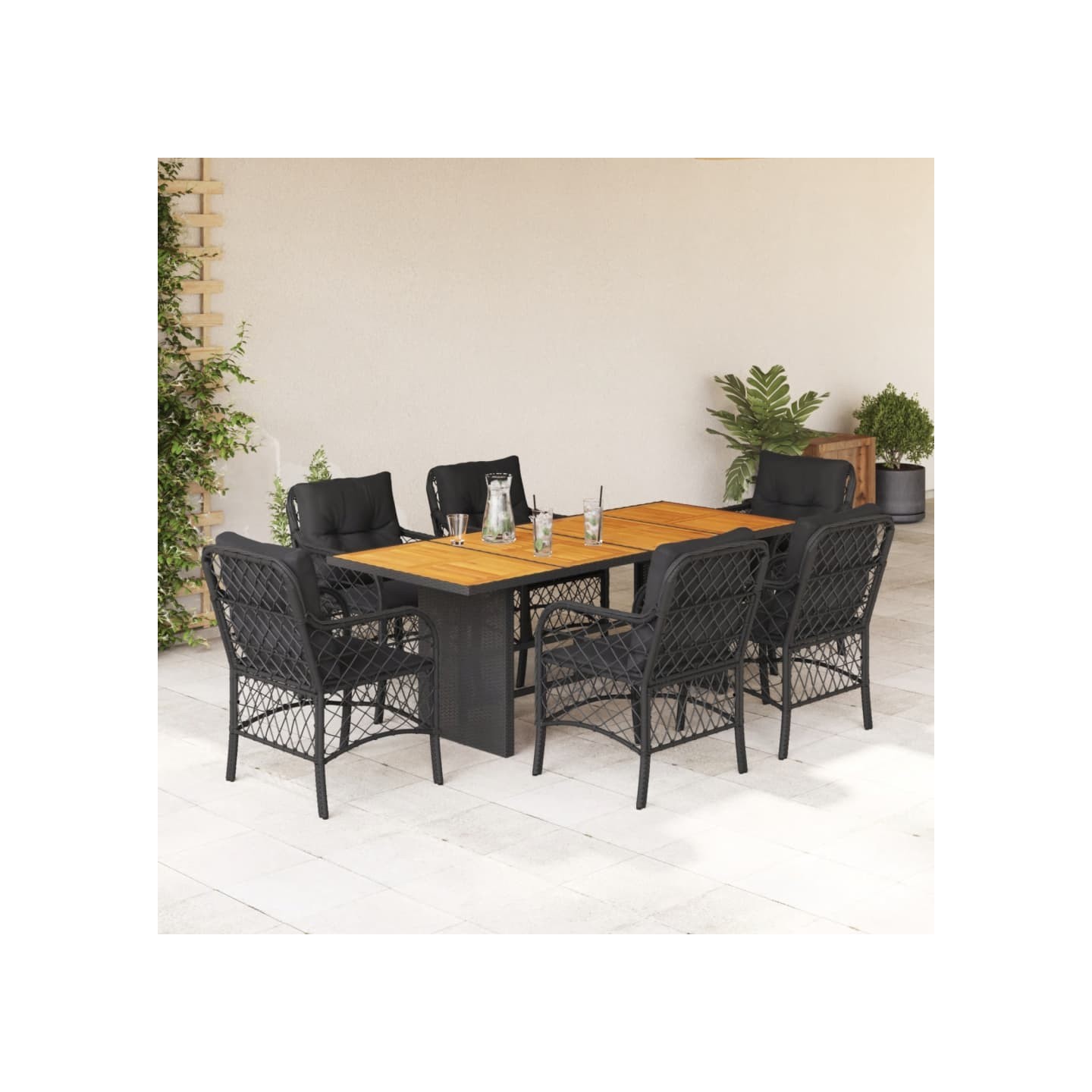 Ensemble à manger de jardin coussins 7pcs Noir Résine tressée