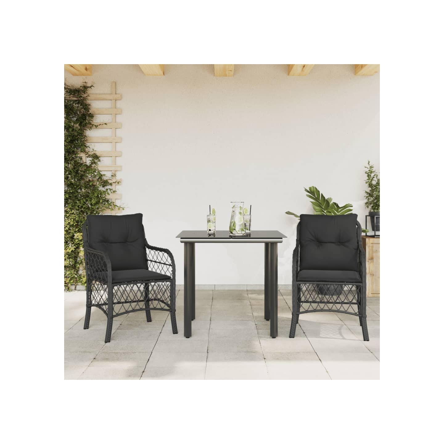 Ensemble de bistro 3 pcs avec coussins noir résine tressée