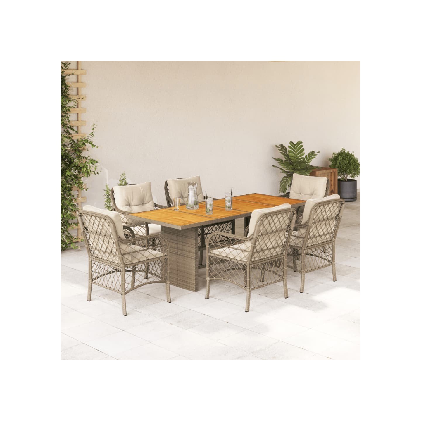 Ensemble à manger de jardin et coussins 7 pcs beige poly rotin